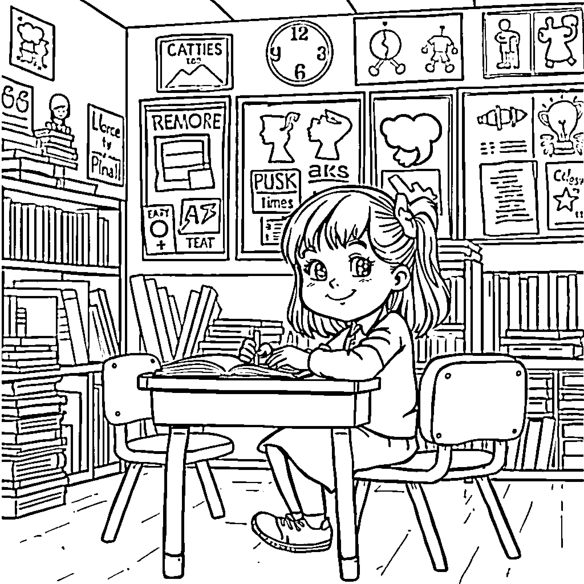 Girl studying diligently in a classroom setting Coloring Page (free black-and-white line drawing printable PDF for all, from beginners to advanced learners, including children, teens, adults, and seniors)