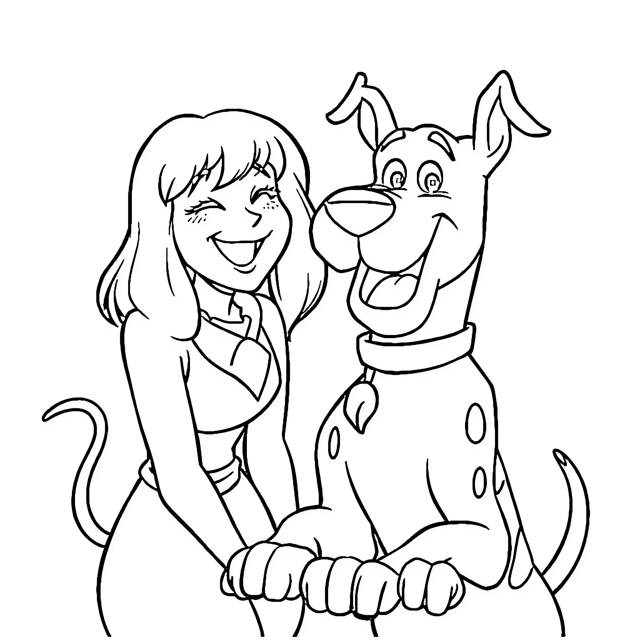 Velma and her canine companion in a cheerful embrace Coloring Page (free black-and-white line drawing printable PDF for all, from beginners to advanced learners, including children, teens, adults, and seniors)