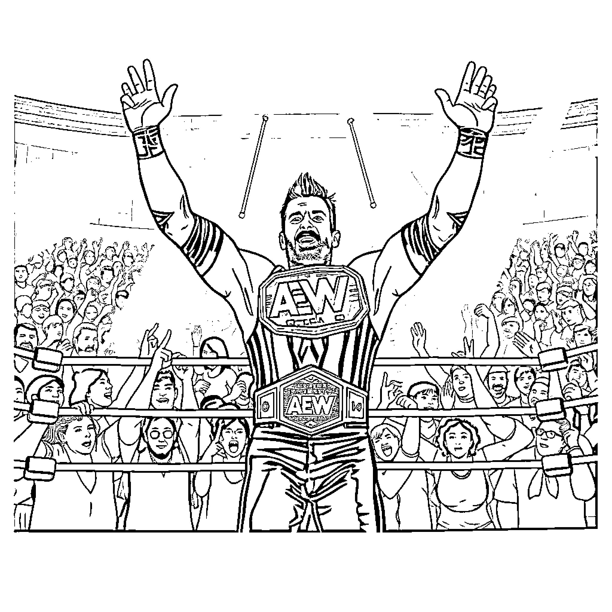 Cm Punk celebrates victory in AEW wrestling event Coloring Page (free black-and-white line drawing printable PDF for all, from beginners to advanced learners, including children, teens, adults, and seniors)