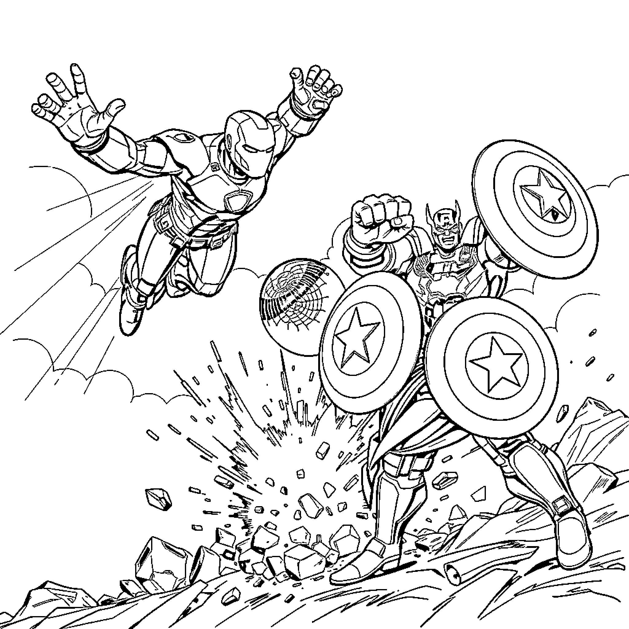 Iron Man and Captain America in heroic battle Coloring Page (free black-and-white line drawing printable PDF for all, from beginners to advanced learners, including children, teens, adults, and seniors)