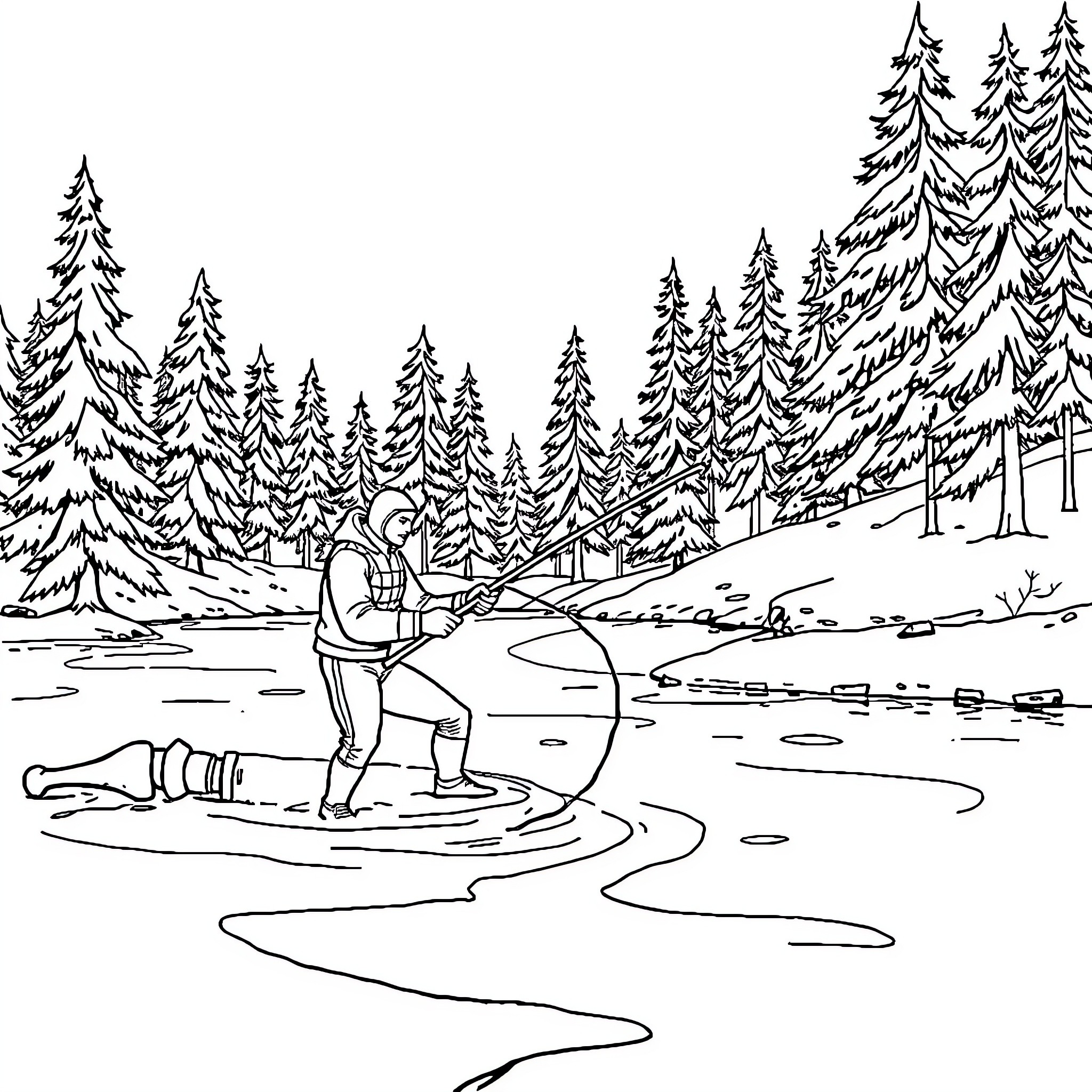 Aquaman fishing in a snowy forest landscape Coloring Page (free black-and-white line drawing printable PDF for all, from beginners to advanced learners, including children, teens, adults, and seniors)
