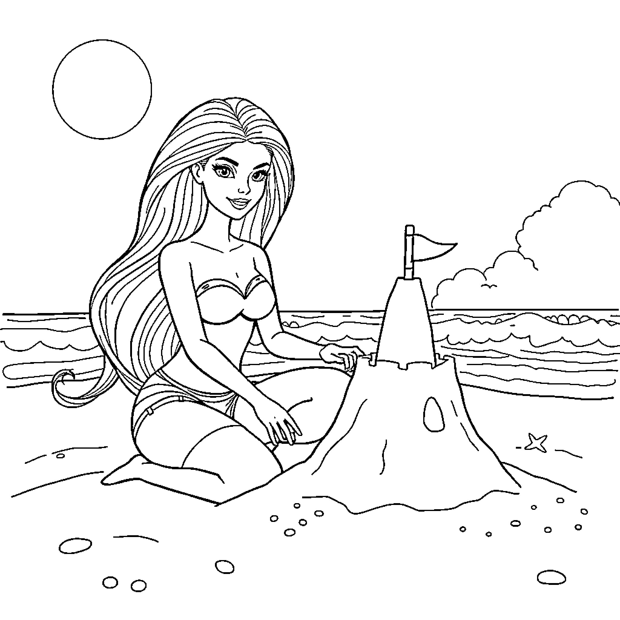 Barbie relaxing on the beach with sandcastle Coloring Page (free black-and-white line drawing printable PDF for all, from beginners to advanced learners, including children, teens, adults, and seniors)