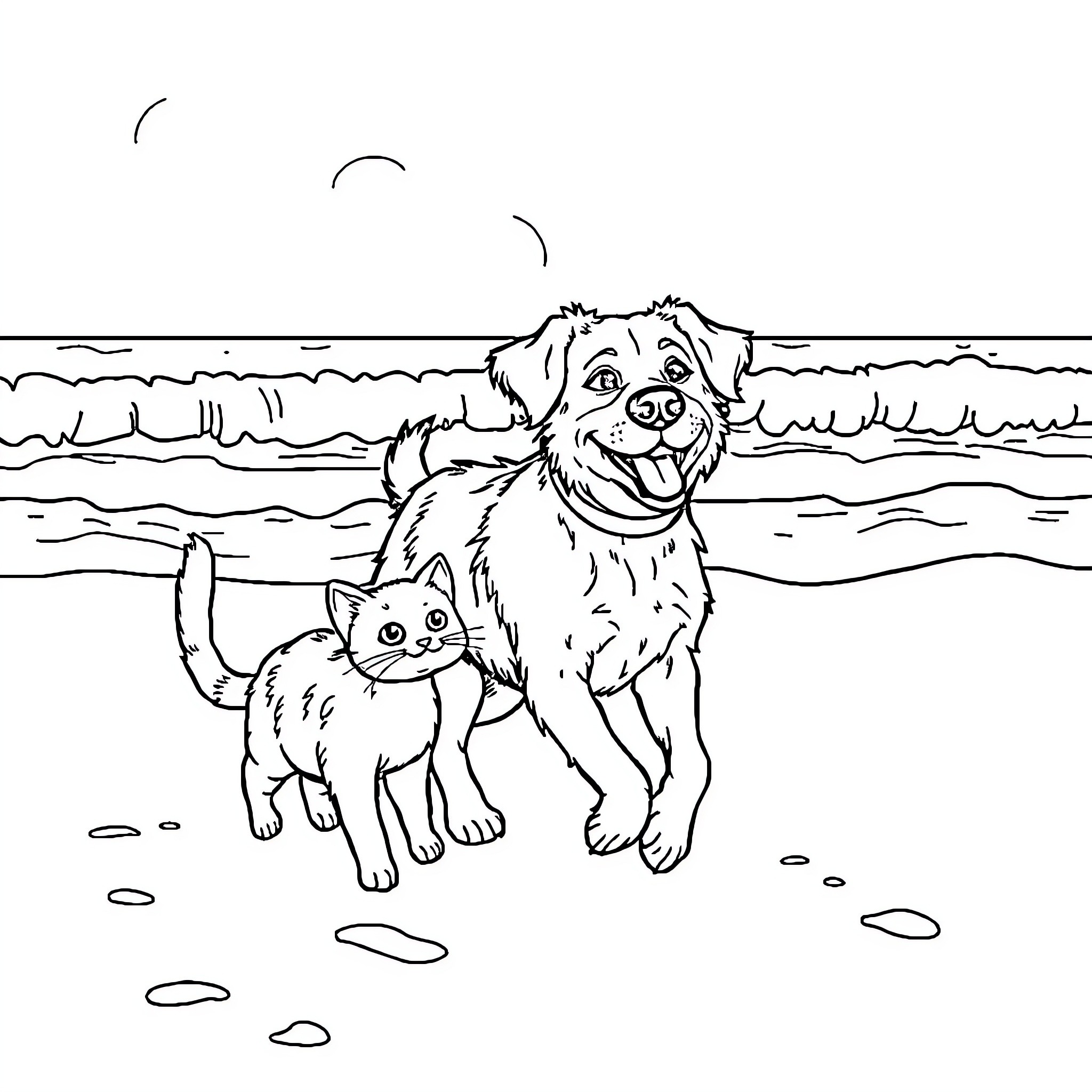 Dog and cat playing together at the beach Coloring Page (free black-and-white line drawing printable PDF for all, from beginners to advanced learners, including children, teens, adults, and seniors)