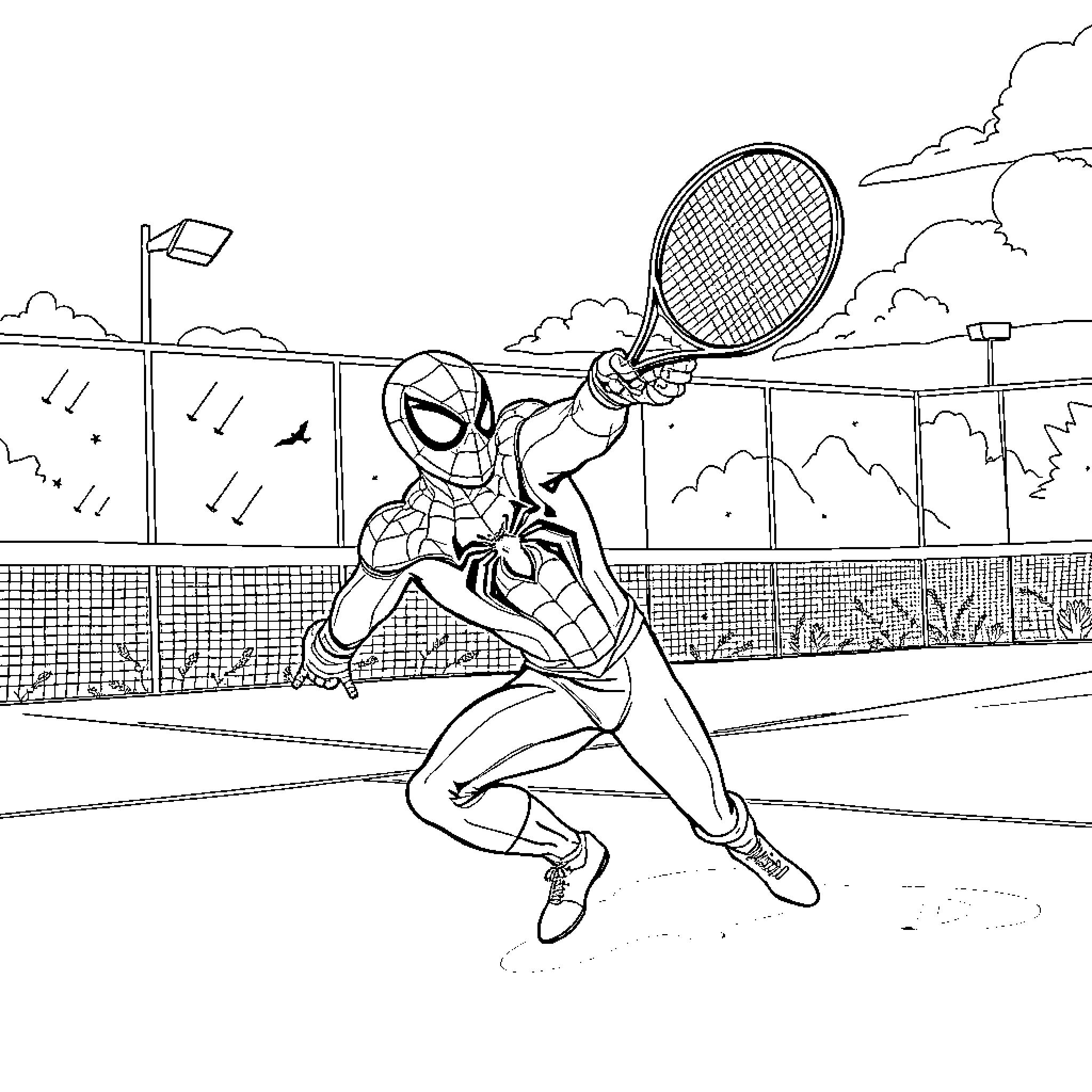 Spiderman plays tennis on the court Coloring Page (free black-and-white line drawing printable PDF for all, from beginners to advanced learners, including children, teens, adults, and seniors)