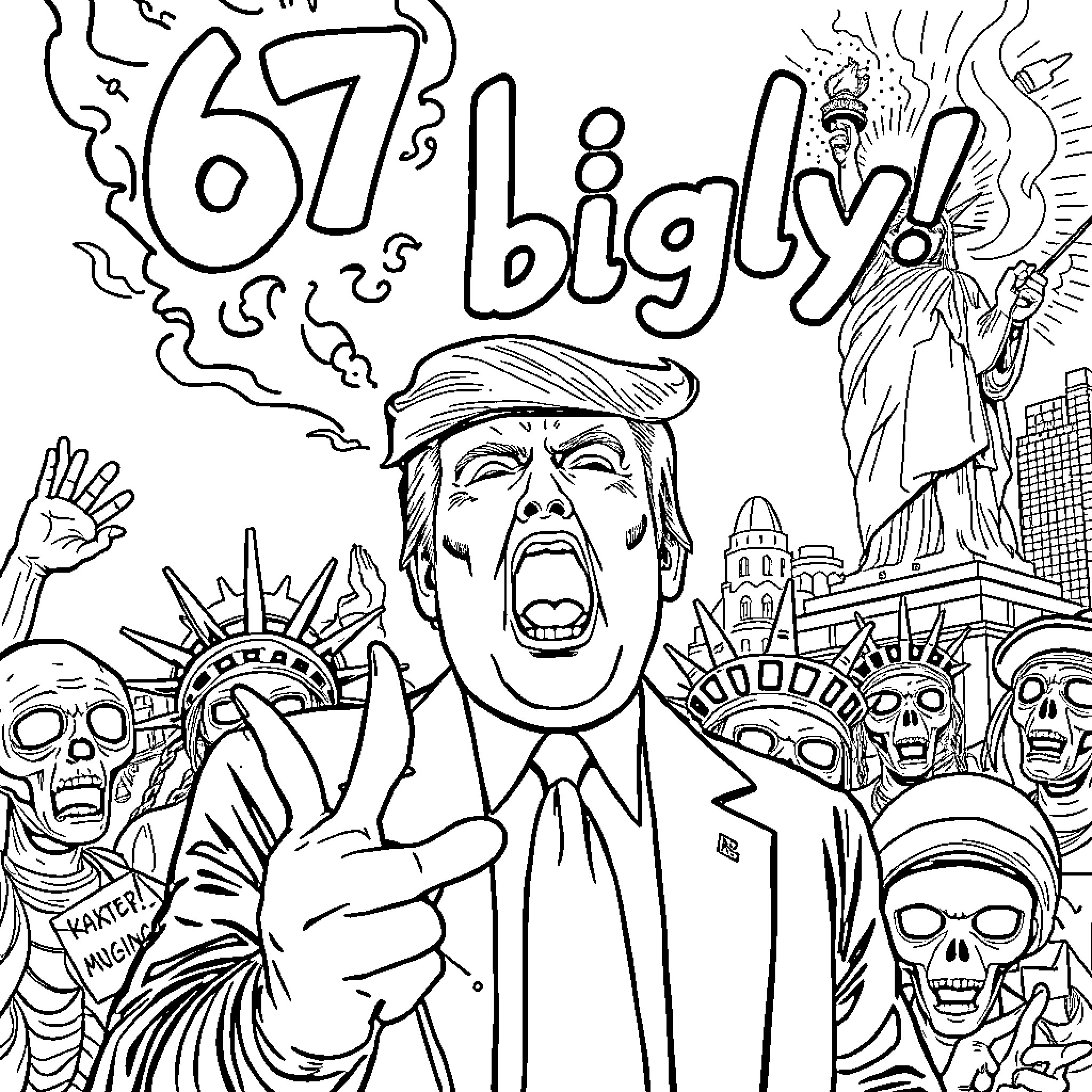 Trump's Controversial Behavior and Expressions in the Public Eye Coloring Page (free black-and-white line drawing printable PDF for all, from beginners to advanced learners, including children, teens, adults, and seniors)