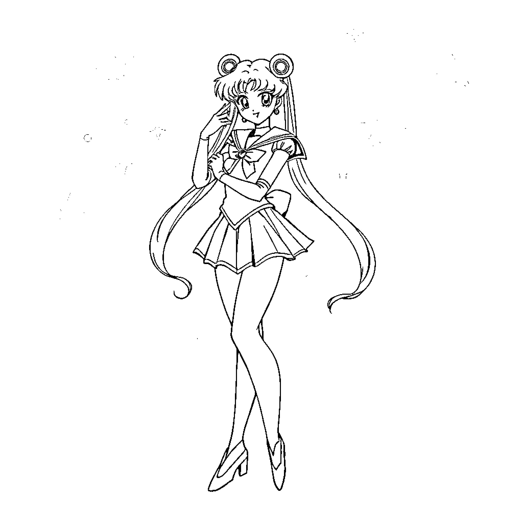 Sailor Moon in Heroic Pose Coloring Page (free black-and-white line drawing printable PDF for all, from beginners to advanced learners, including children, teens, adults, and seniors)