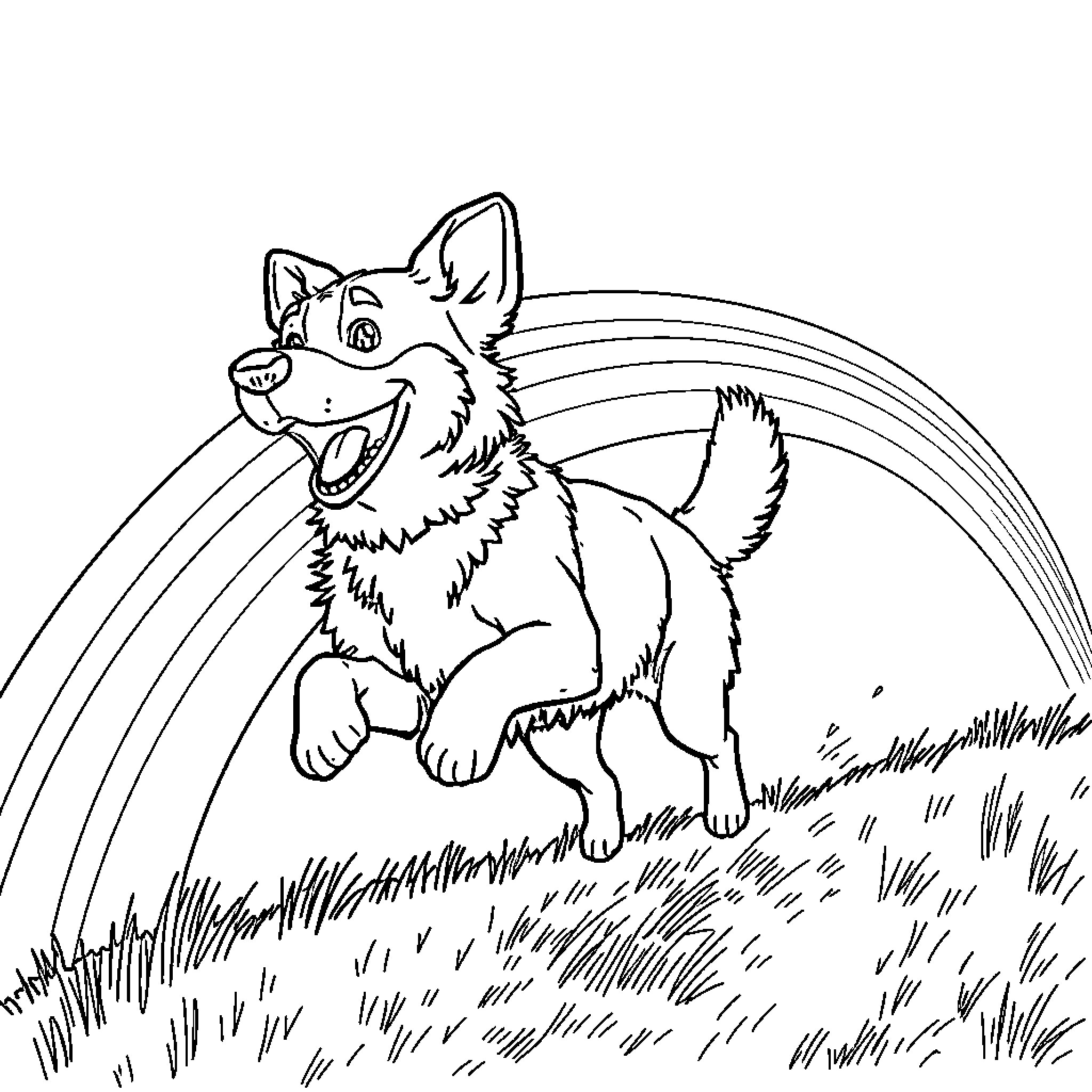 Dog playing joyfully in the meadow Coloring Page (free black-and-white line drawing printable PDF for all, from beginners to advanced learners, including children, teens, adults, and seniors)