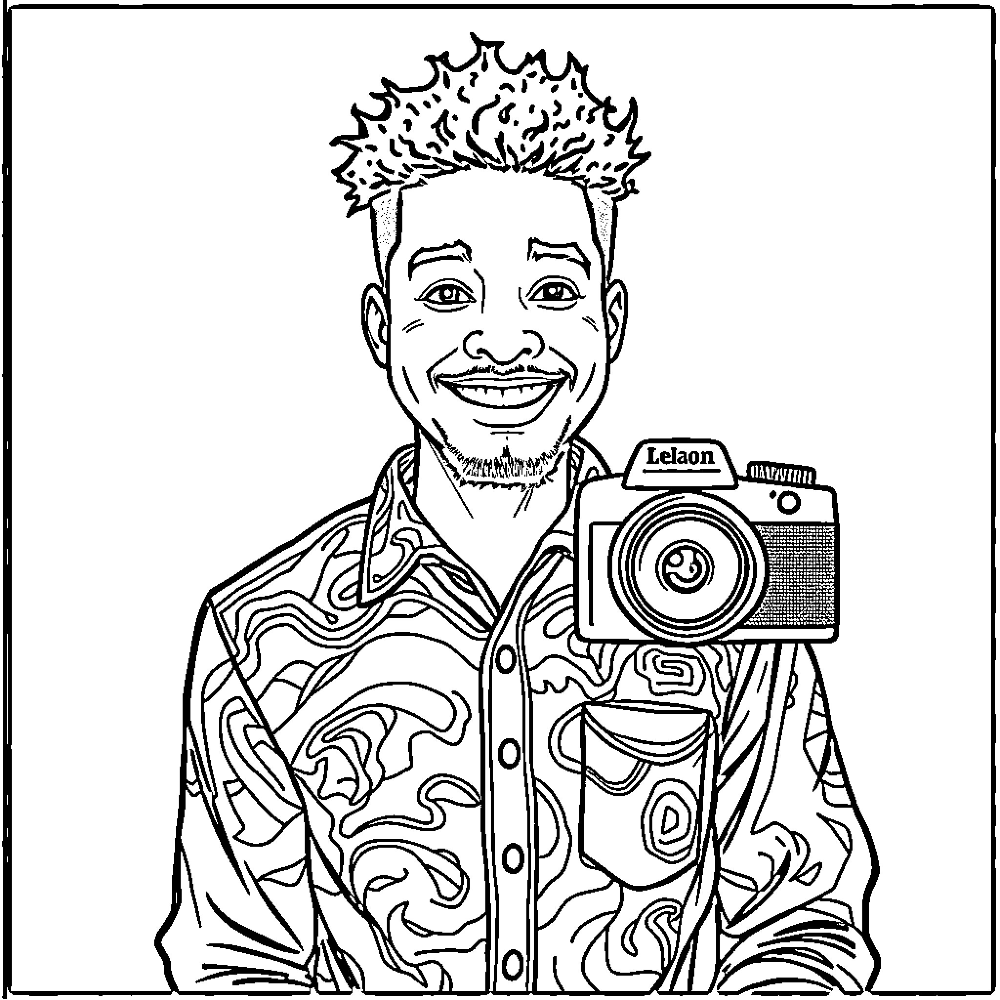 Leland the friendly photographer with a colorful outfit Coloring Page (free black-and-white line drawing printable PDF for all, from beginners to advanced learners, including children, teens, adults, and seniors)