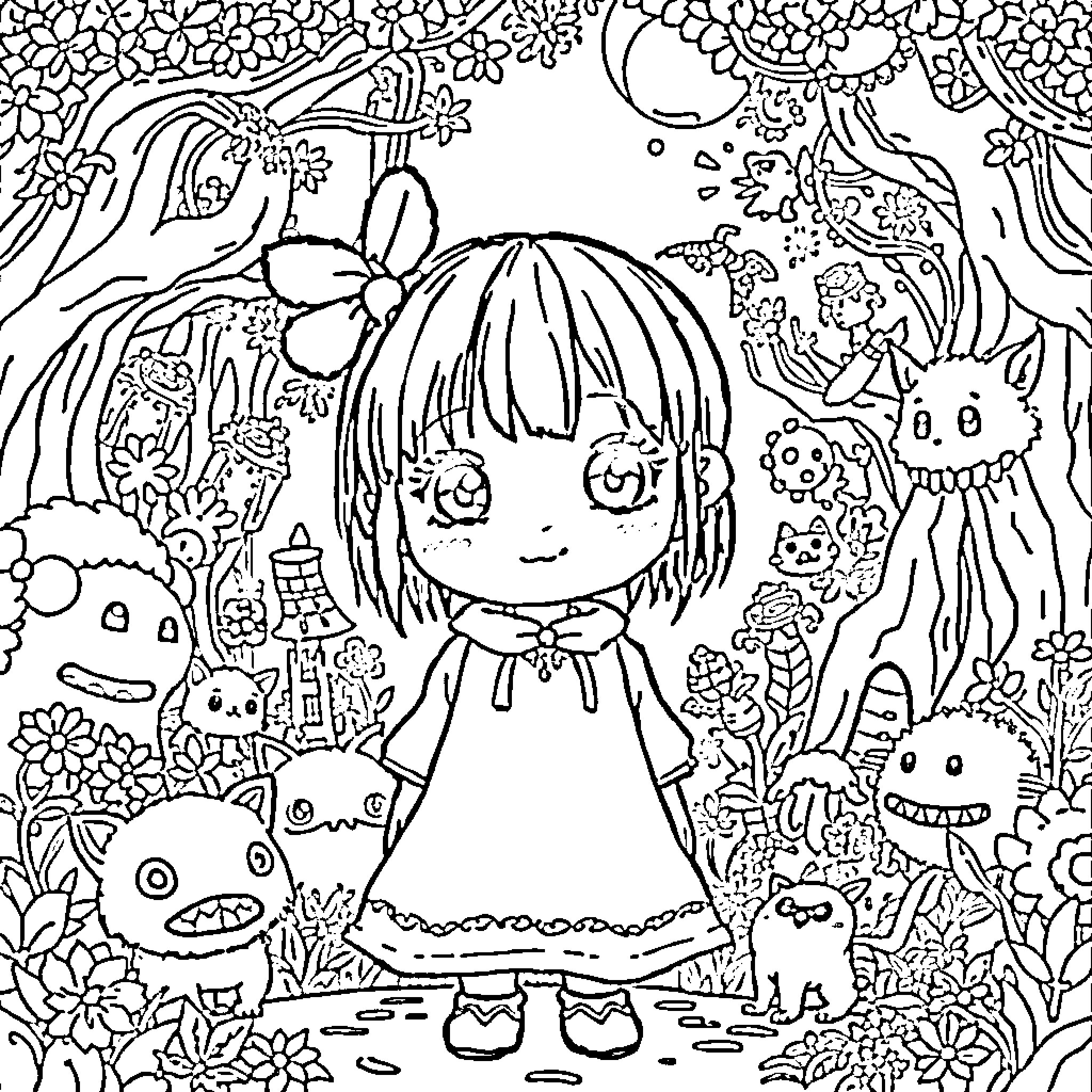 Chihiro's Fantastical Adventure in a Whimsical World Coloring Page (free black-and-white line drawing printable PDF for all, from beginners to advanced learners, including children, teens, adults, and seniors)