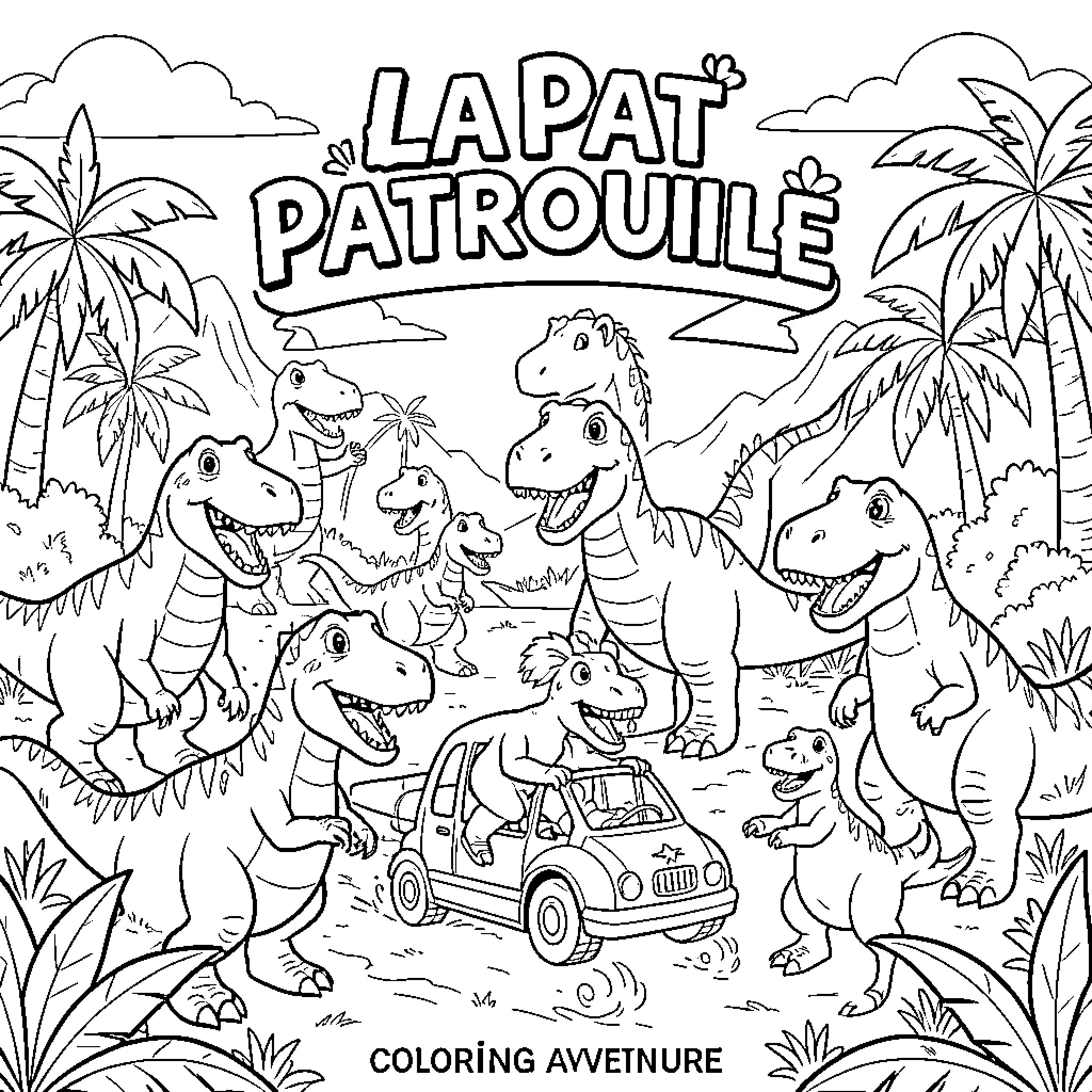 Paw Patrol Dinosaurs on an Adventure Coloring Page (free black-and-white line drawing printable PDF for all, from beginners to advanced learners, including children, teens, adults, and seniors)