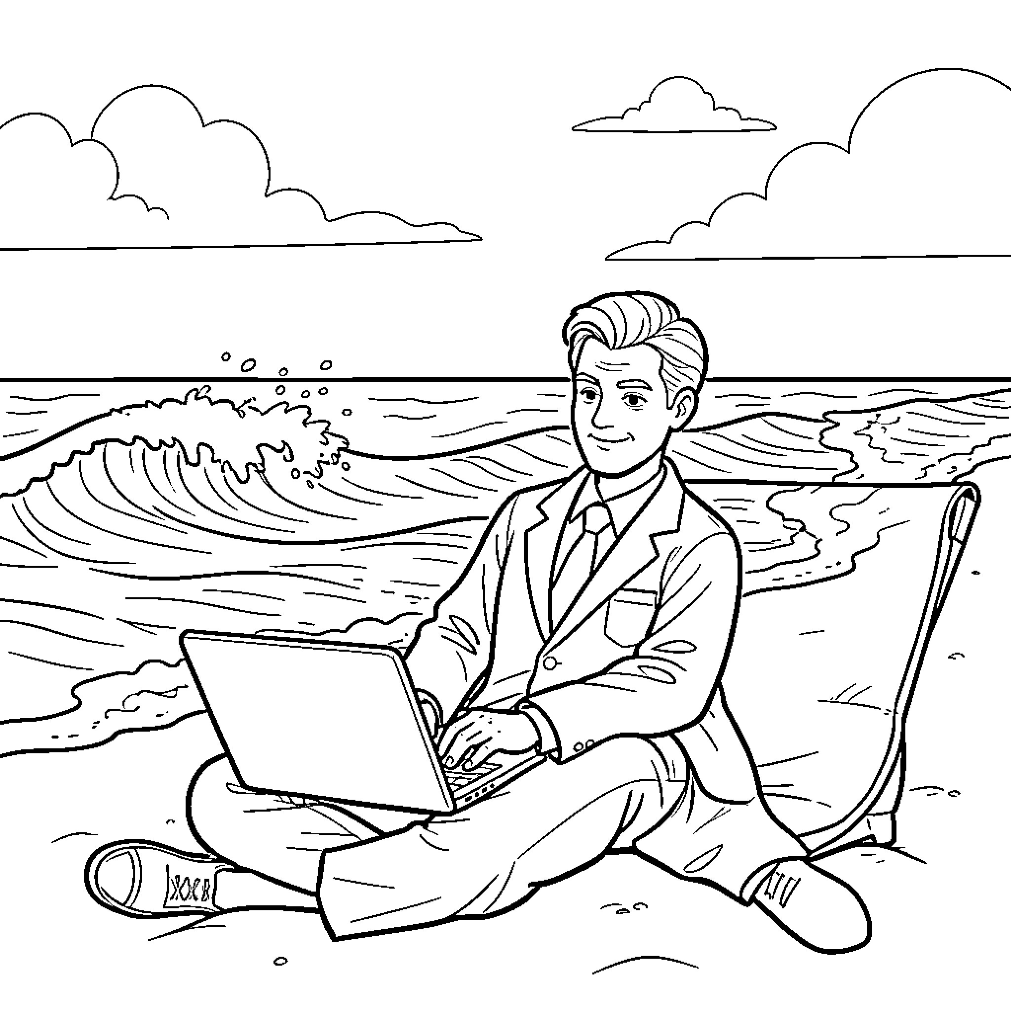 Lawyer working on a laptop at the beach Coloring Page (free black-and-white line drawing printable PDF for all, from beginners to advanced learners, including children, teens, adults, and seniors)