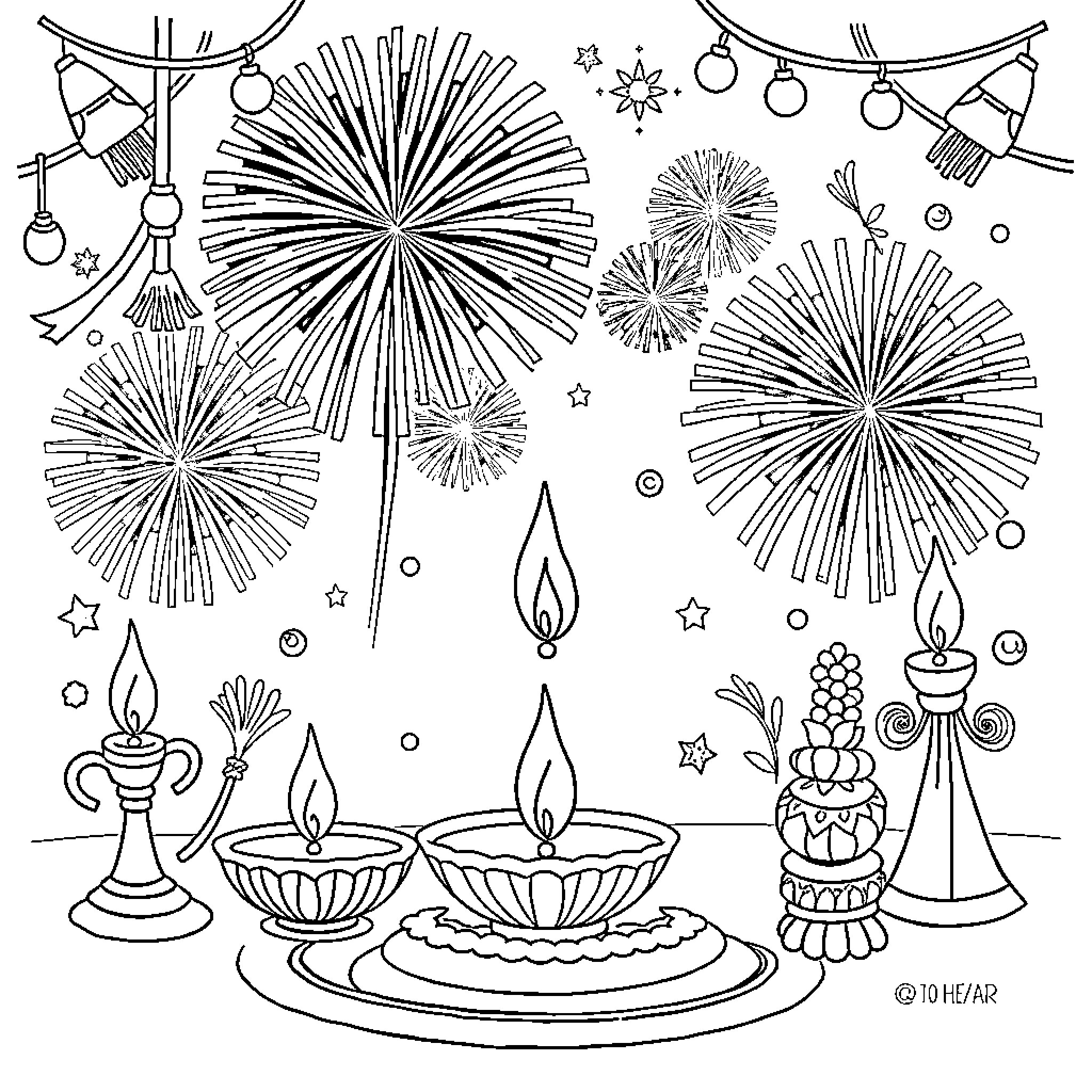 Diwali celebration with festive decorations and lights Coloring Page (free black-and-white line drawing printable PDF for all, from beginners to advanced learners, including children, teens, adults, and seniors)