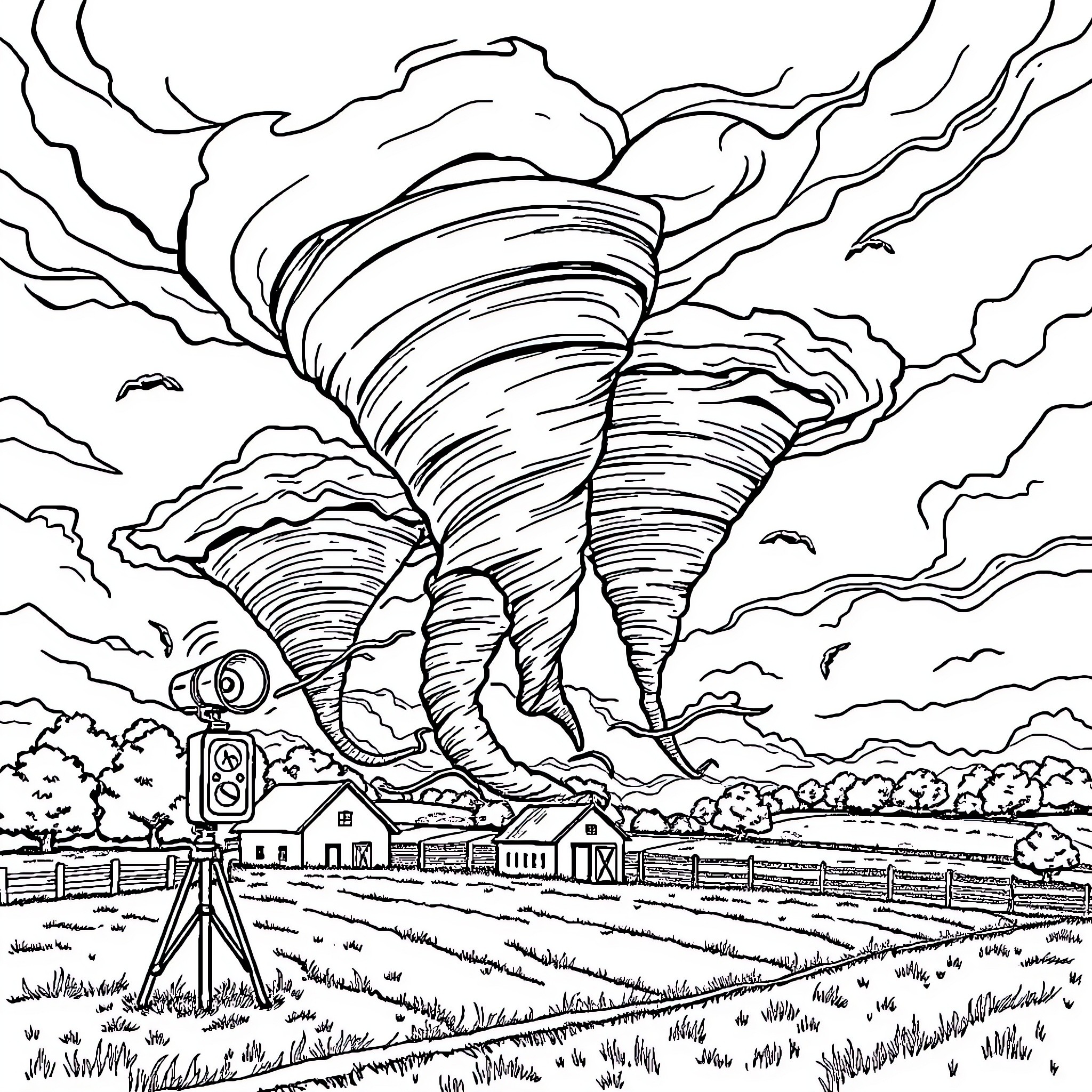 Tornado raging over rural landscape Coloring Page (free black-and-white line drawing printable PDF for all, from beginners to advanced learners, including children, teens, adults, and seniors)