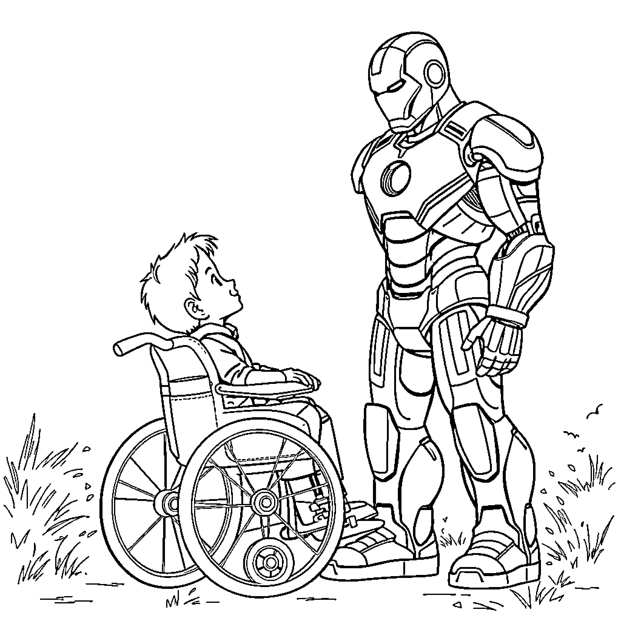 Ironman assisting a person in a wheelchair Coloring Page (free black-and-white line drawing printable PDF for all, from beginners to advanced learners, including children, teens, adults, and seniors)