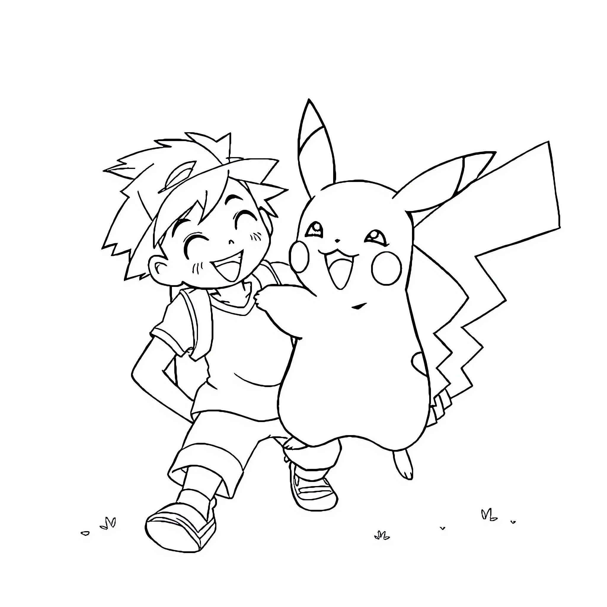 Ash and Pikachu enjoying a playful moment Coloring Page (free black-and-white line drawing printable PDF for all, from beginners to advanced learners, including children, teens, adults, and seniors)