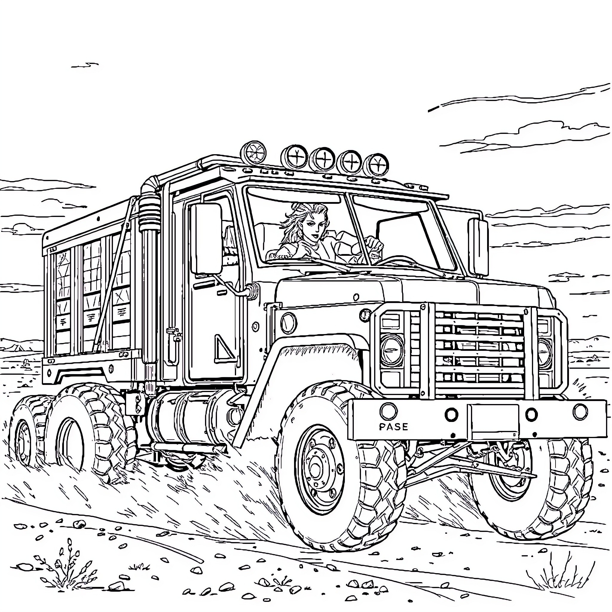 Furiosa driving a heavily armed and armored truck in the desert Coloring Page (free black-and-white line drawing printable PDF for all, from beginners to advanced learners, including children, teens, adults, and seniors)