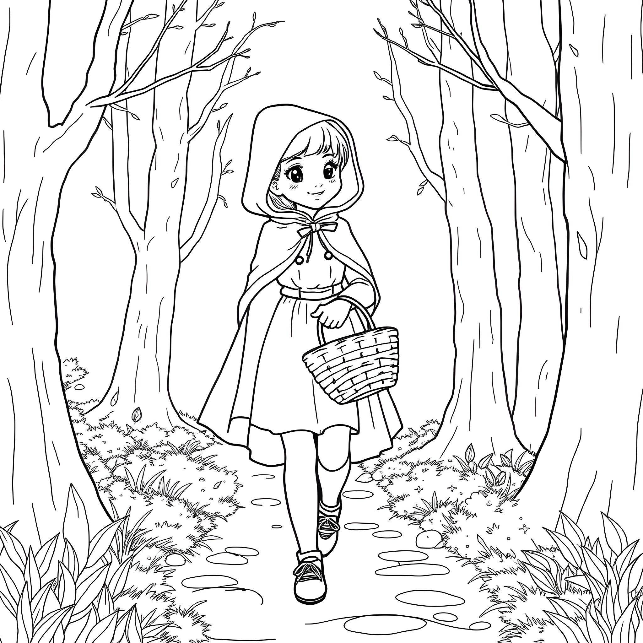 Little Red Riding Hood walking through the enchanted forest Coloring Page (free black-and-white line drawing printable PDF for all, from beginners to advanced learners, including children, teens, adults, and seniors)