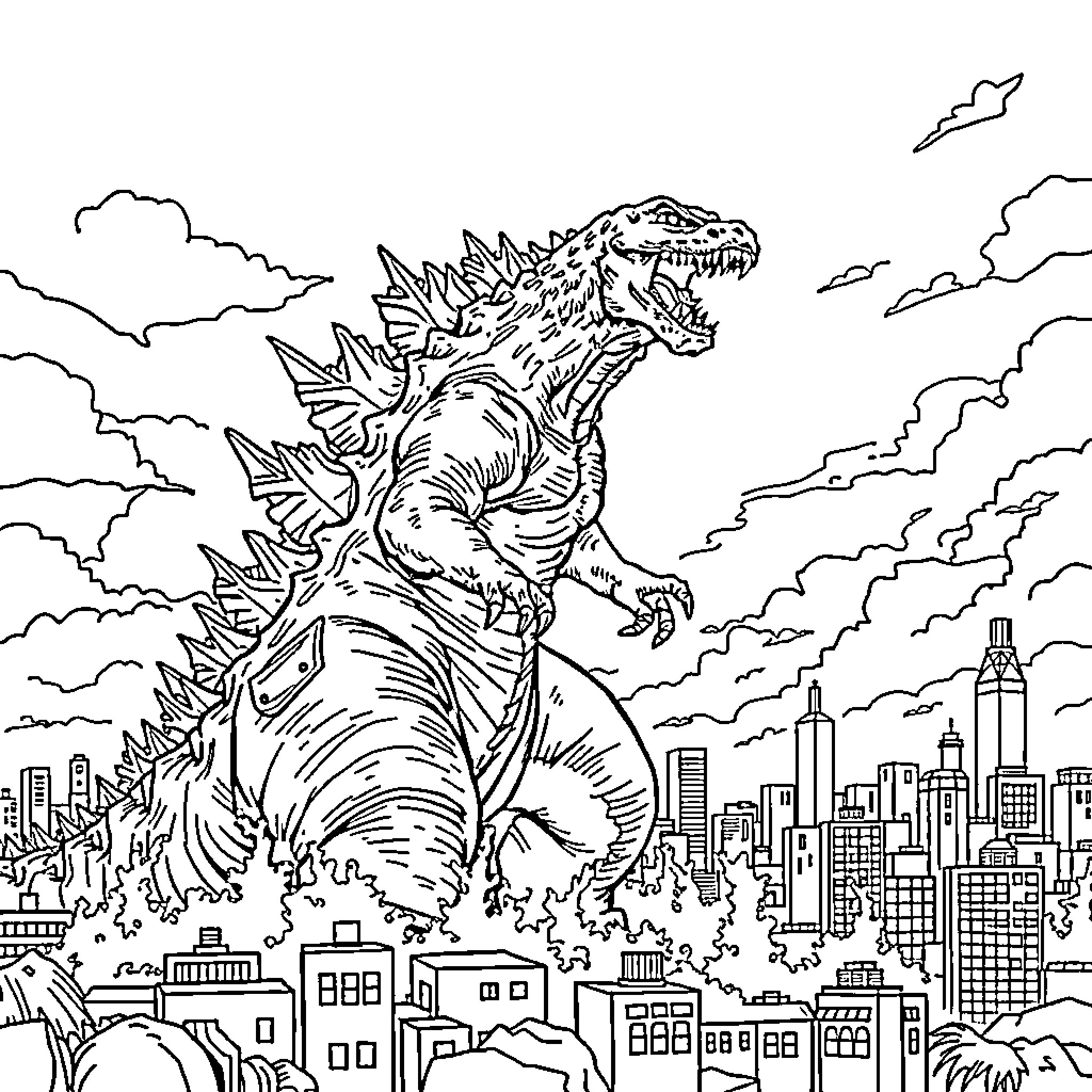 Godzilla rampages through a city skyline Coloring Page (free black-and-white line drawing printable PDF for all, from beginners to advanced learners, including children, teens, adults, and seniors)
