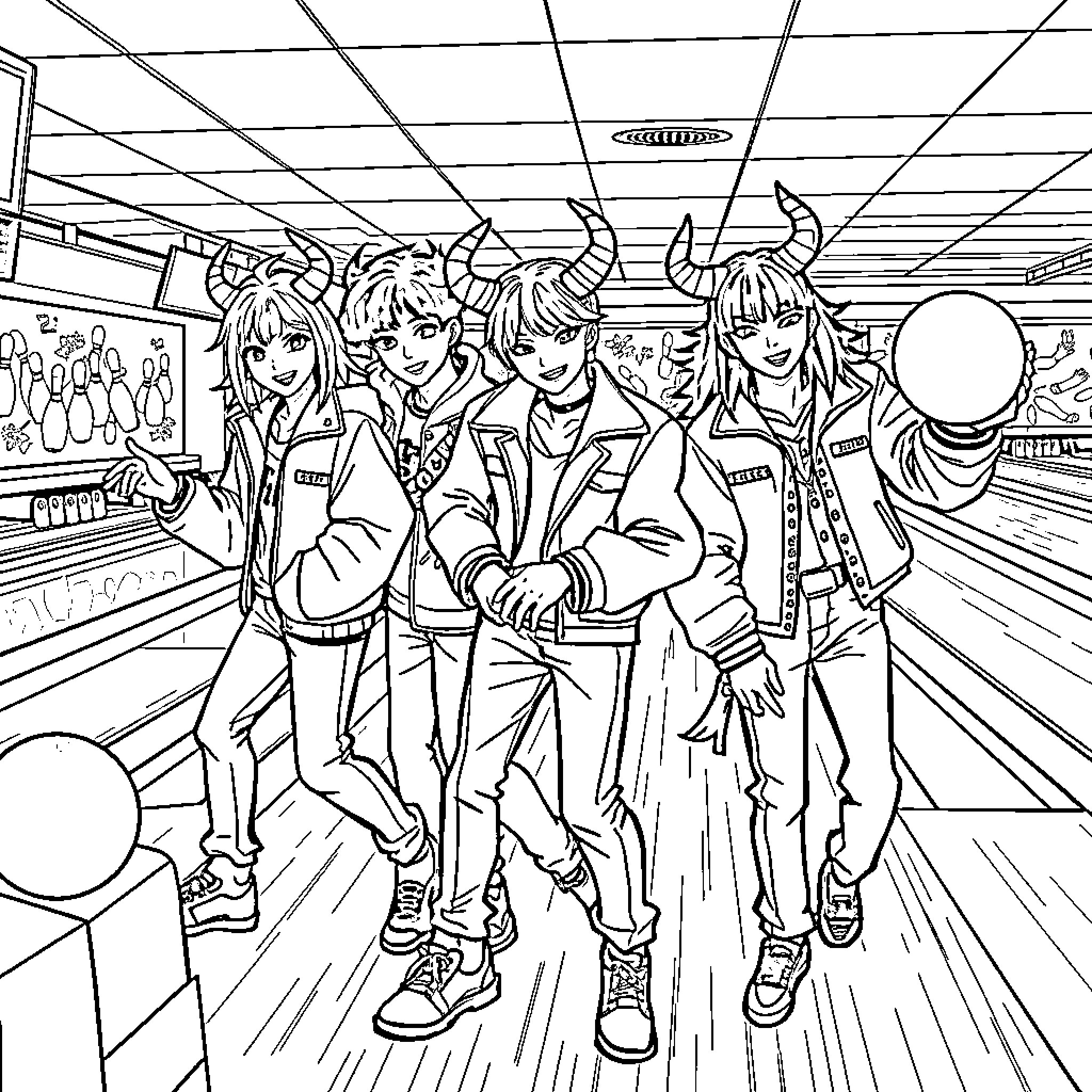 Demon Hunter Teens on Bowling Alley Adventure Coloring Page (free black-and-white line drawing printable PDF for all, from beginners to advanced learners, including children, teens, adults, and seniors)