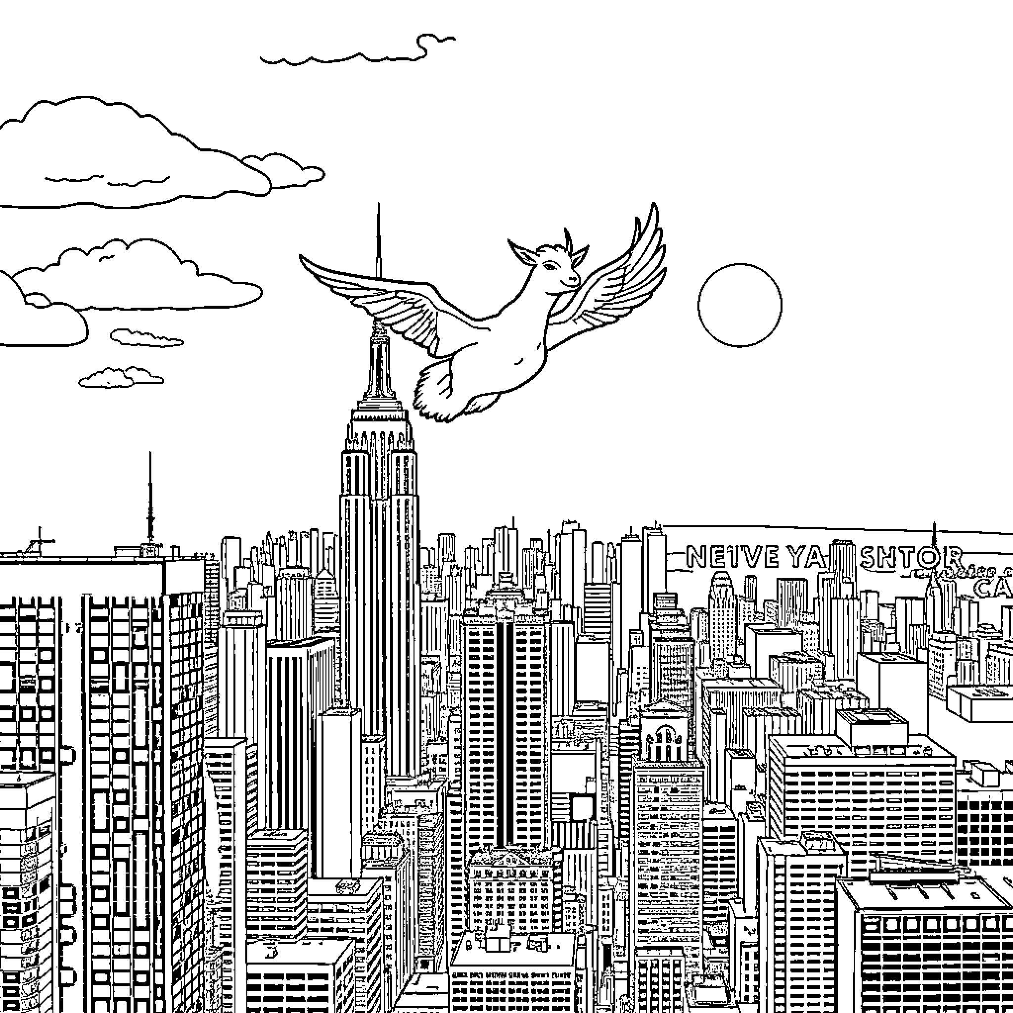 Cow flying over the city skyline Coloring Page (free black-and-white line drawing printable PDF for all, from beginners to advanced learners, including children, teens, adults, and seniors)