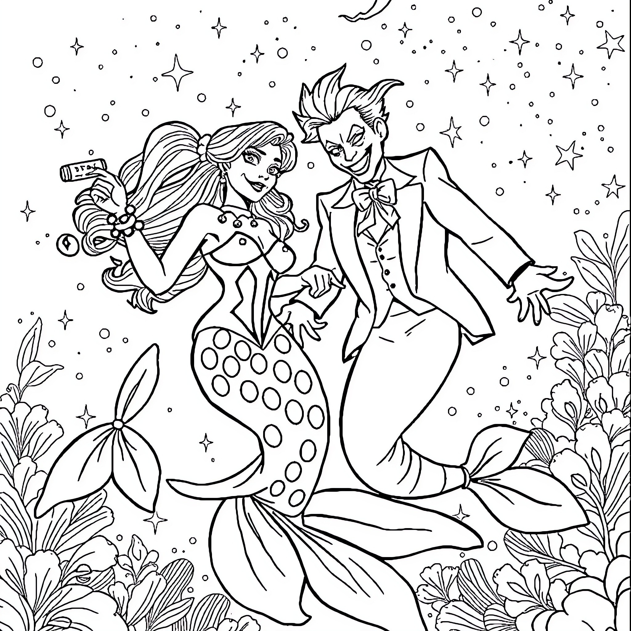 Mermaid couple dancing under the stars Coloring Page (free black-and-white line drawing printable PDF for all, from beginners to advanced learners, including children, teens, adults, and seniors)