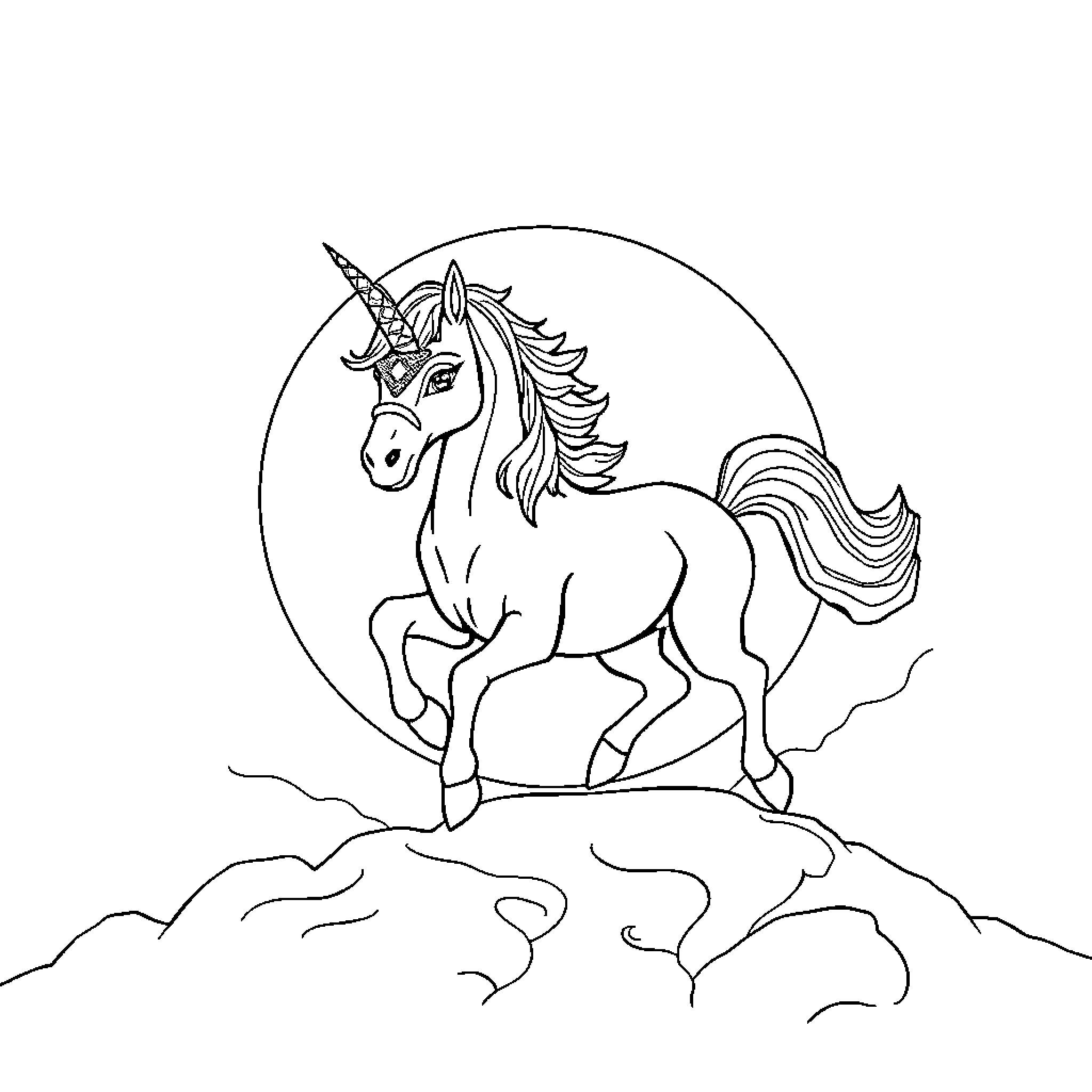 Unicorn standing tall on a rocky hill Coloring Page (free black-and-white line drawing printable PDF for all, from beginners to advanced learners, including children, teens, adults, and seniors)