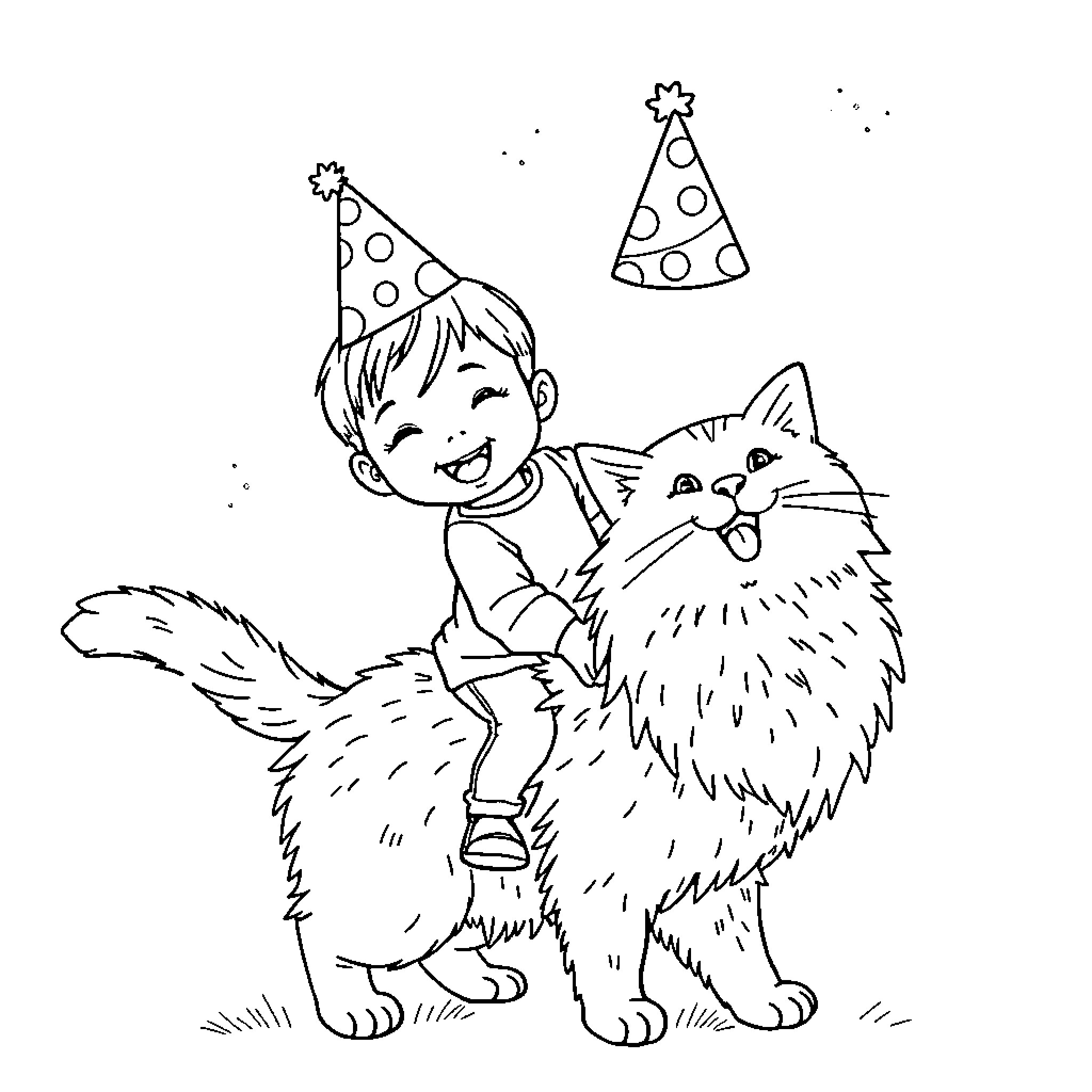 Korean Boy Joyfully Celebrating with Party Cat Coloring Page (free black-and-white line drawing printable PDF for all, from beginners to advanced learners, including children, teens, adults, and seniors)