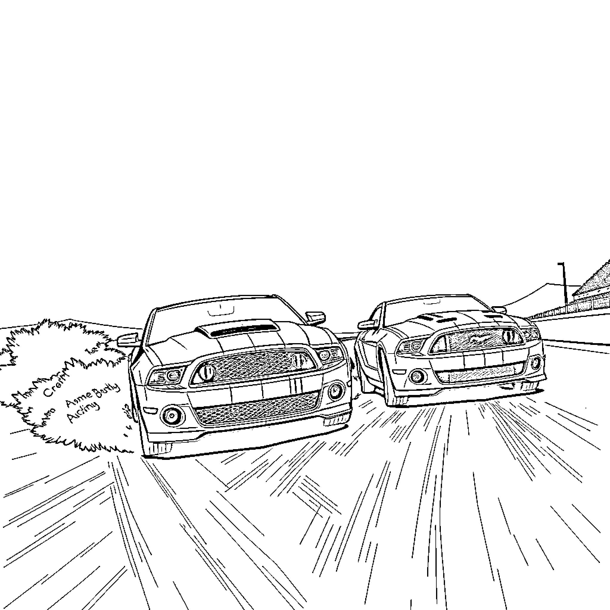 Mustang muscle cars speeding on the highway Coloring Page (free black-and-white line drawing printable PDF for all, from beginners to advanced learners, including children, teens, adults, and seniors)