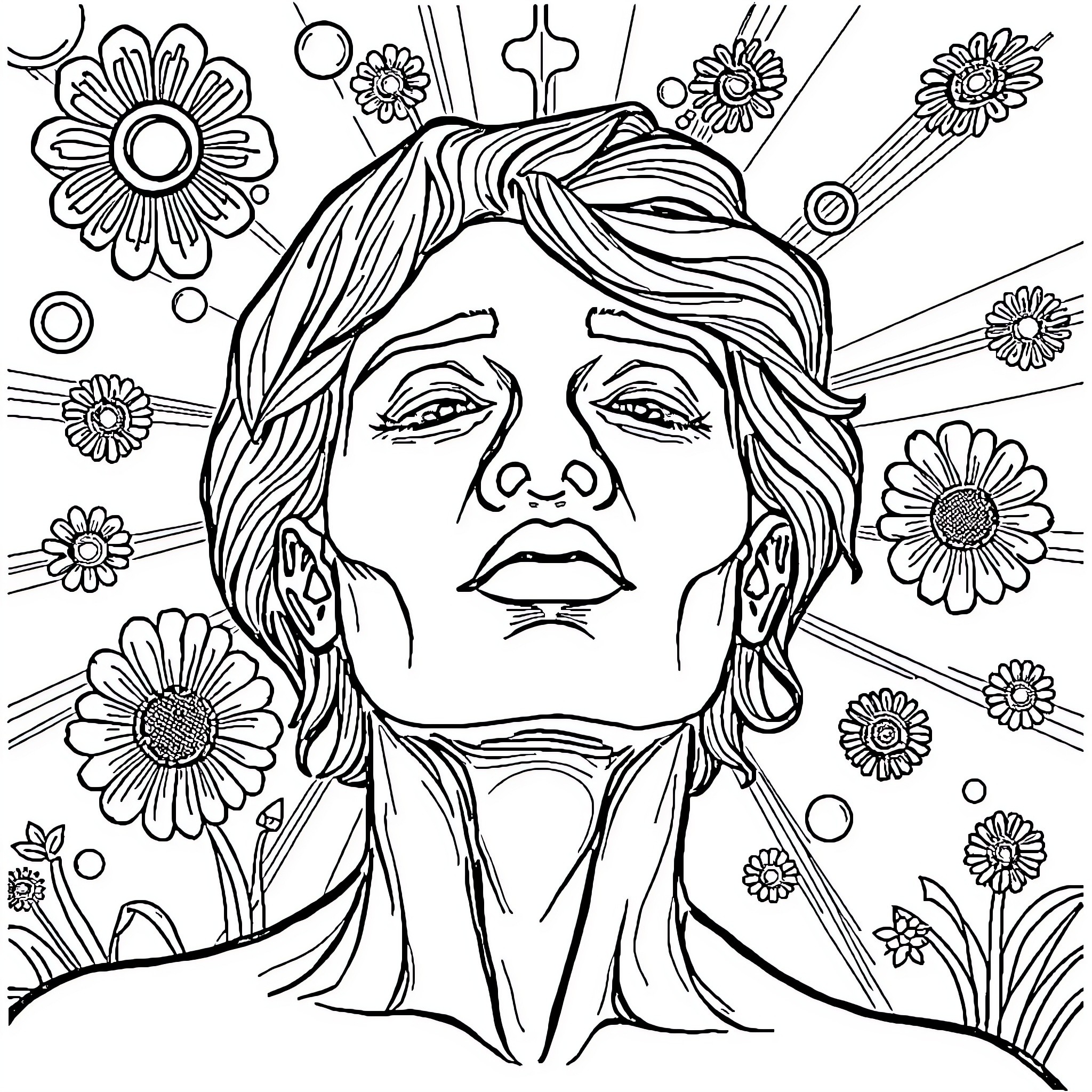 Sobriety amid floral expressions Coloring Page (free black-and-white line drawing printable PDF for all, from beginners to advanced learners, including children, teens, adults, and seniors)