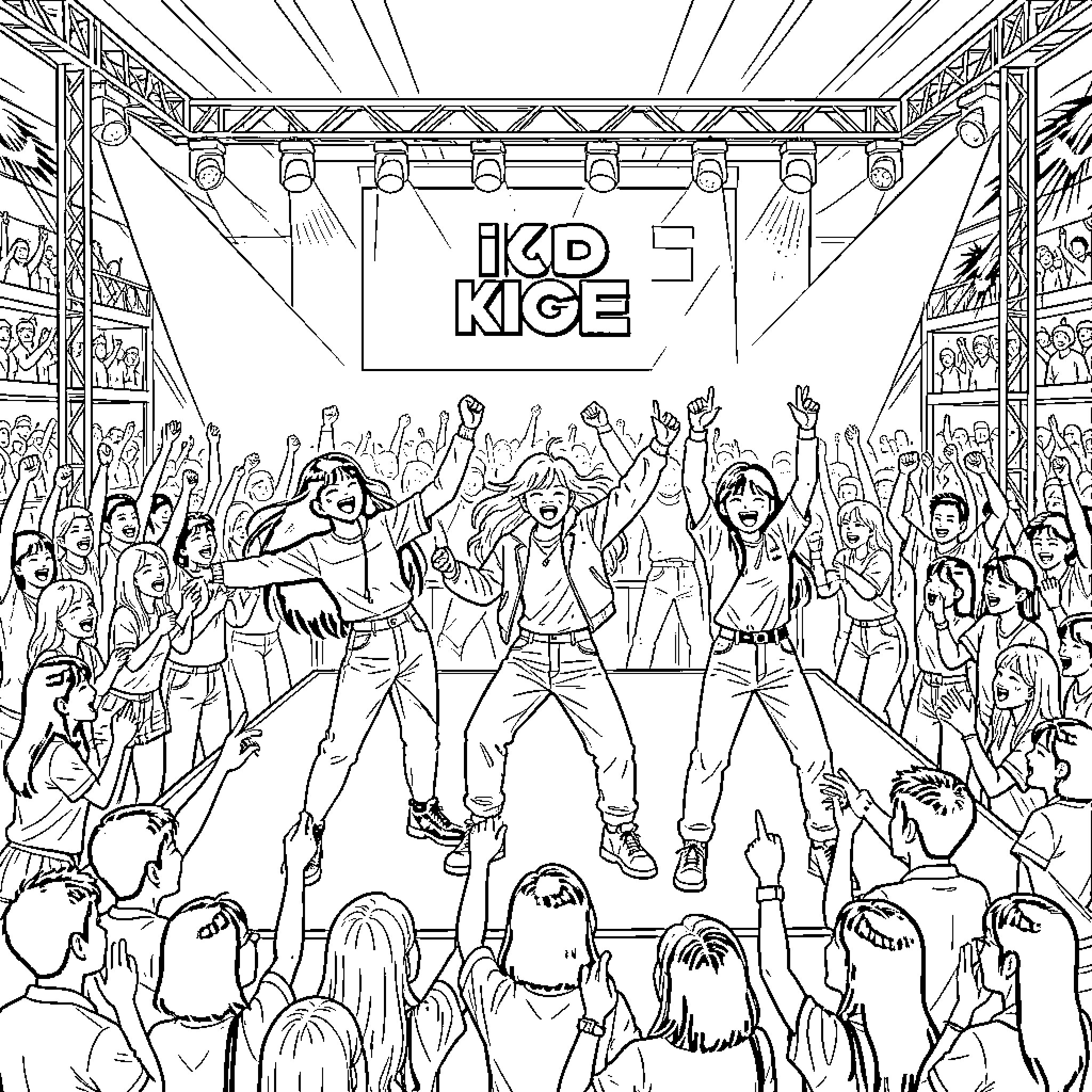 Kpop idols performing energetically on stage for a crowd Coloring Page (free black-and-white line drawing printable PDF for all, from beginners to advanced learners, including children, teens, adults, and seniors)