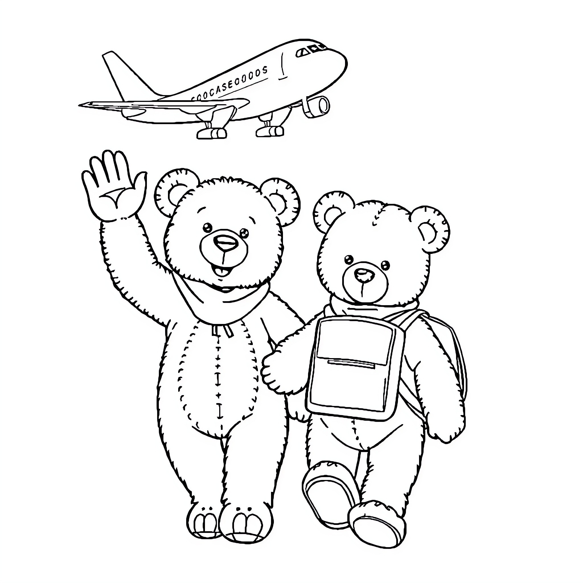 Teddy Bears Waving with Airplane Coloring Page (free black-and-white line drawing printable PDF for all, from beginners to advanced learners, including children, teens, adults, and seniors)