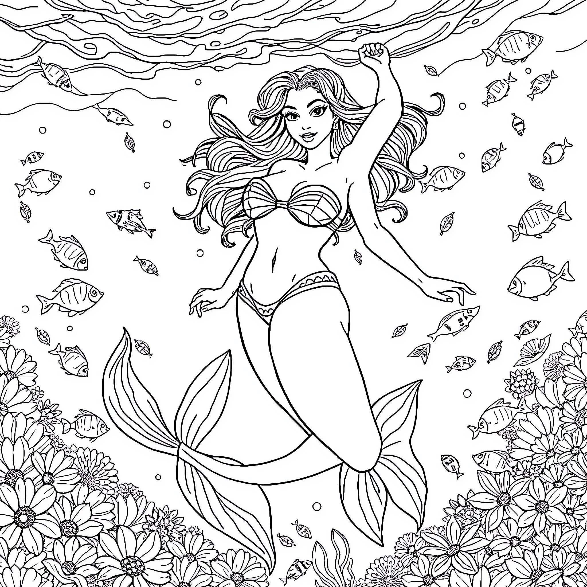 Mermaid Gracefully Swimming Underwater with Fish Coloring Page (free black-and-white line drawing printable PDF for all, from beginners to advanced learners, including children, teens, adults, and seniors)