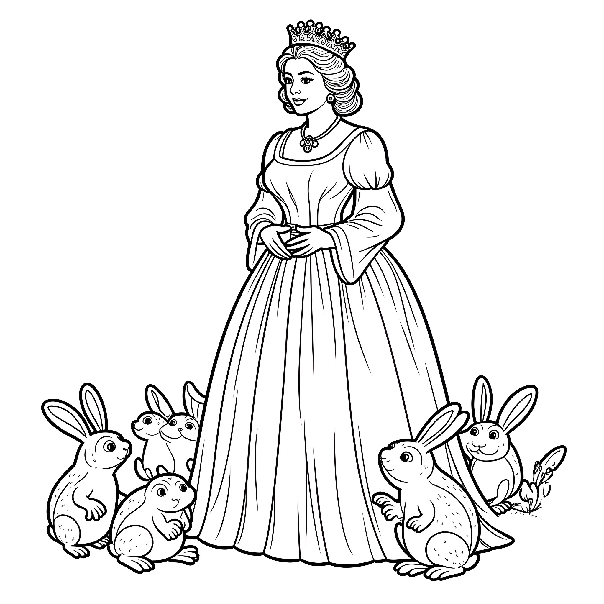 Queen in a grand gown with adorning rabbits Coloring Page (free black-and-white line drawing printable PDF for all, from beginners to advanced learners, including children, teens, adults, and seniors)