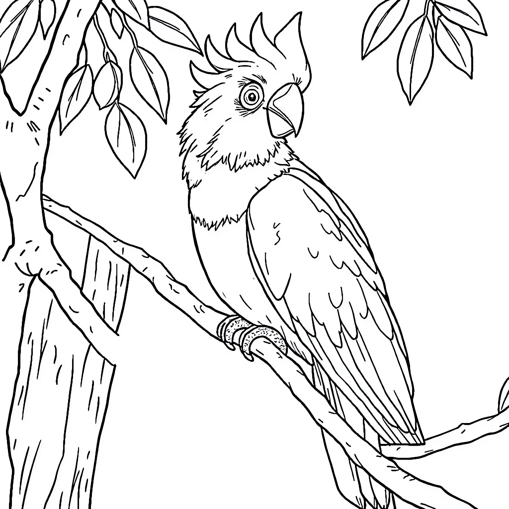 Galah perched on branch in foliage Coloring Page (free black-and-white line drawing printable PDF for all, from beginners to advanced learners, including children, teens, adults, and seniors)