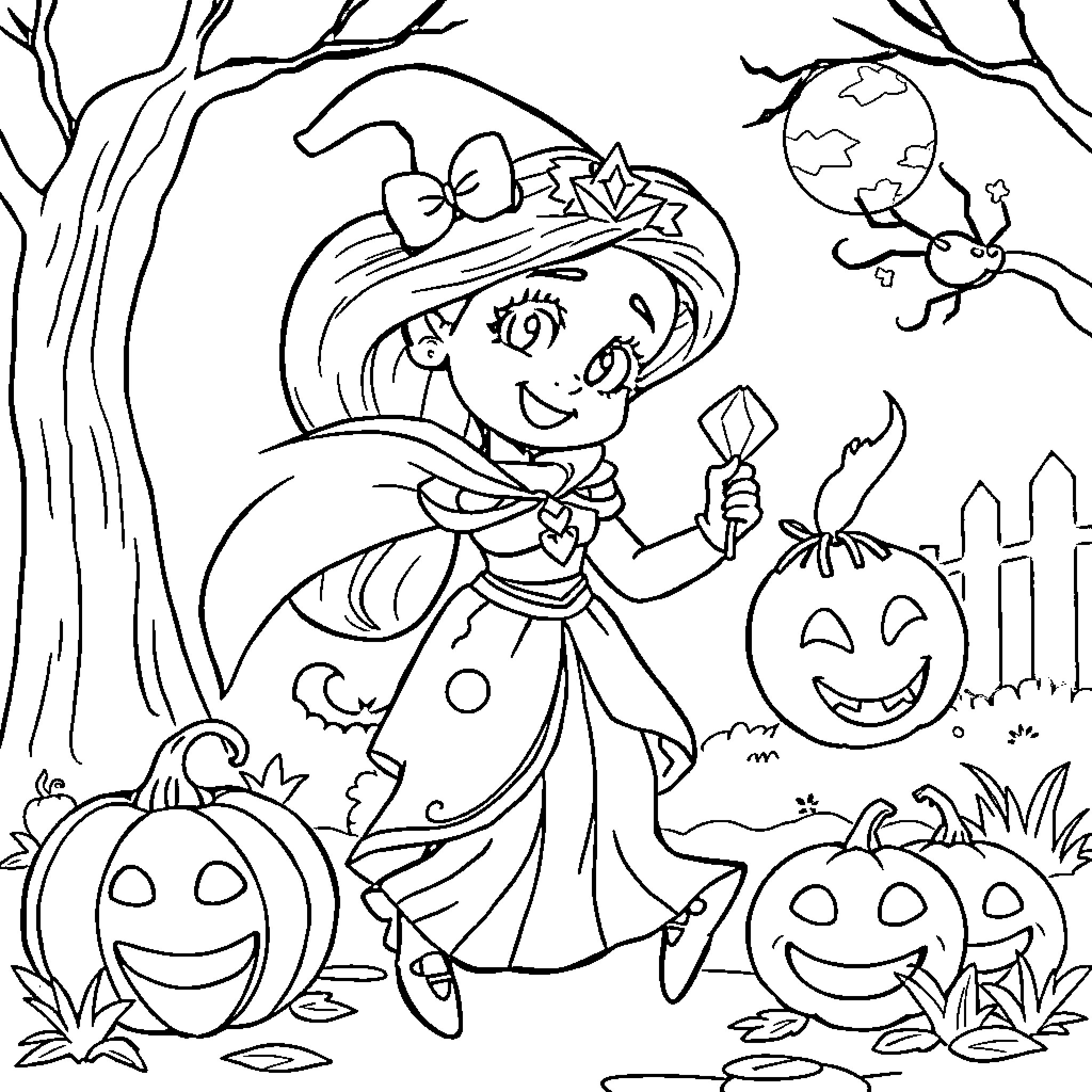 Jasmine's Festive Halloween Adventure Coloring Page (free black-and-white line drawing printable PDF for all, from beginners to advanced learners, including children, teens, adults, and seniors)