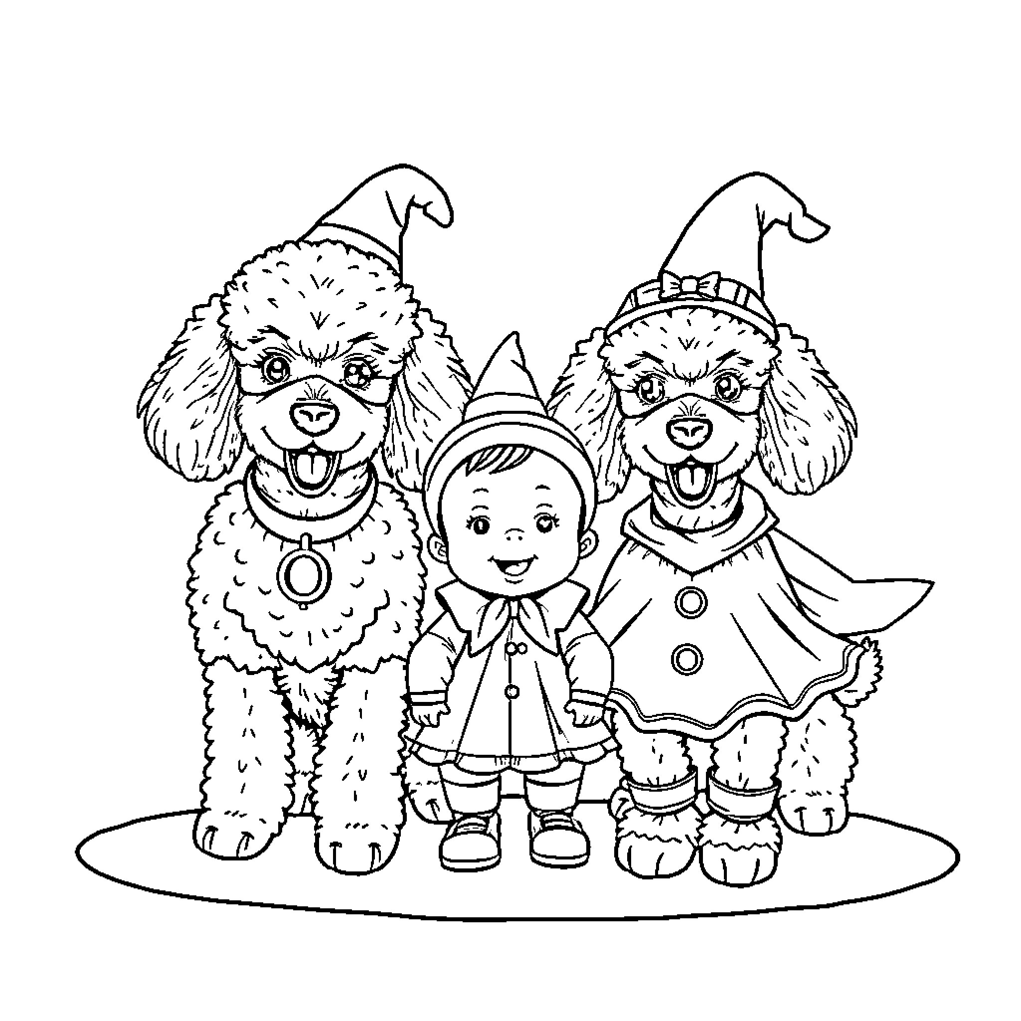 Poodle companions and a happy elf child Coloring Page (free black-and-white line drawing printable PDF for all, from beginners to advanced learners, including children, teens, adults, and seniors)