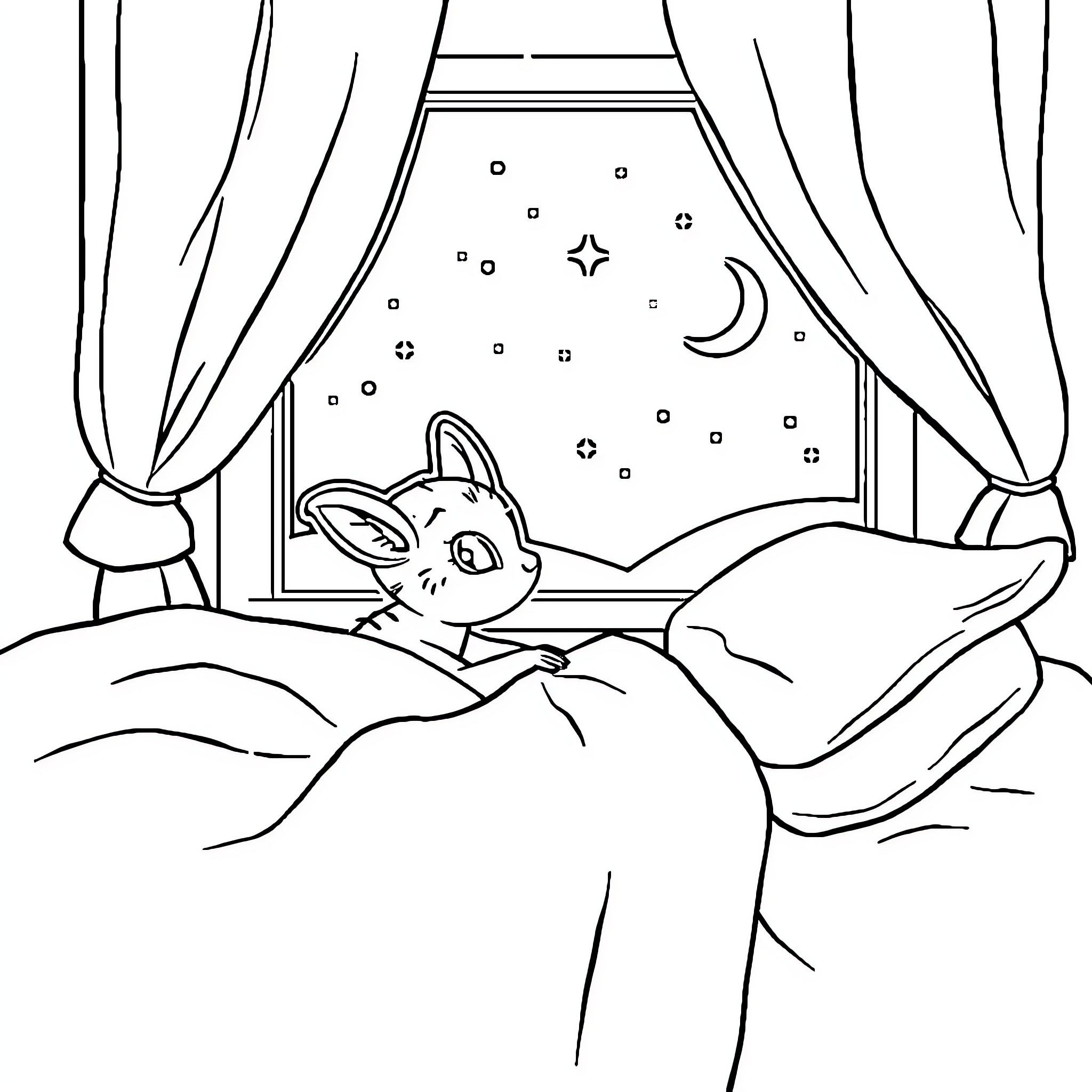 Nina's Cozy Night at Home Coloring Page (free black-and-white line drawing printable PDF for all, from beginners to advanced learners, including children, teens, adults, and seniors)