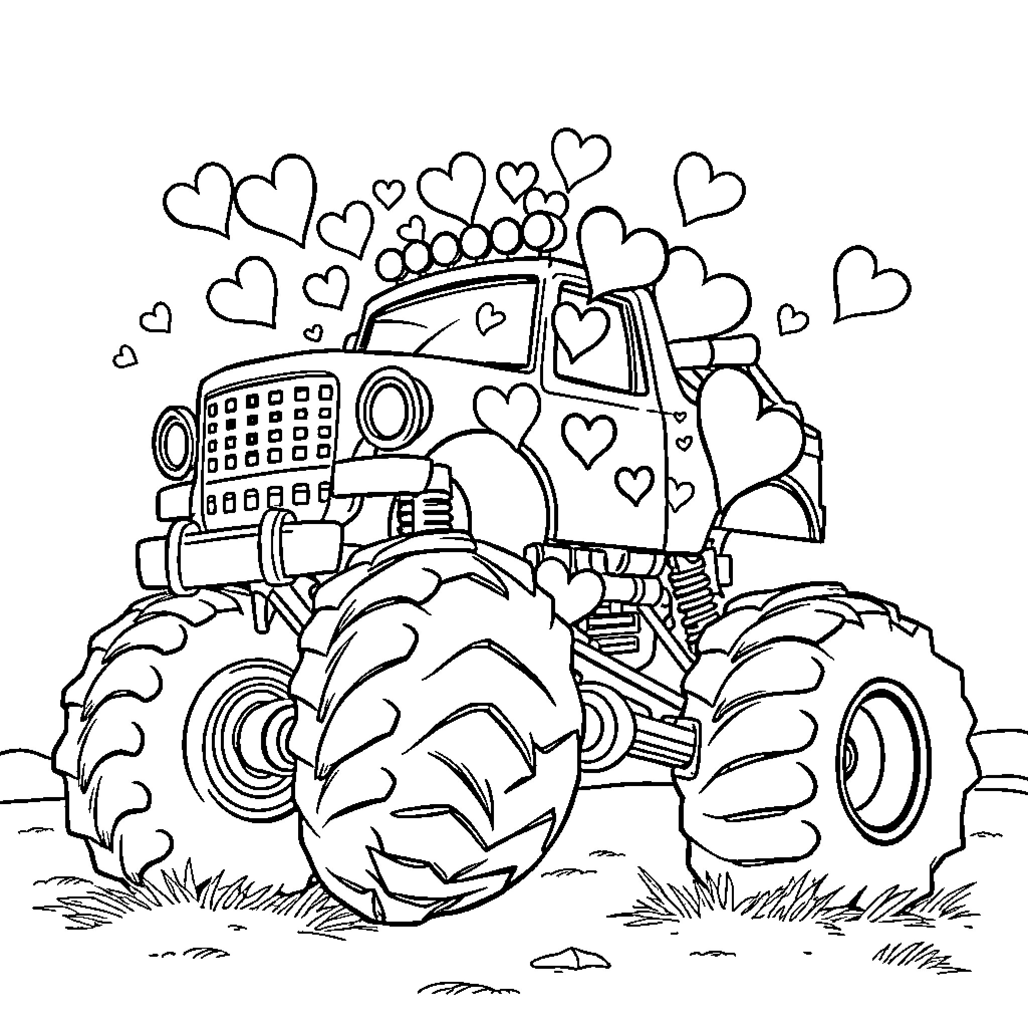 Monster Truck Spreading Love on the Field Coloring Page (free black-and-white line drawing printable PDF for all, from beginners to advanced learners, including children, teens, adults, and seniors)