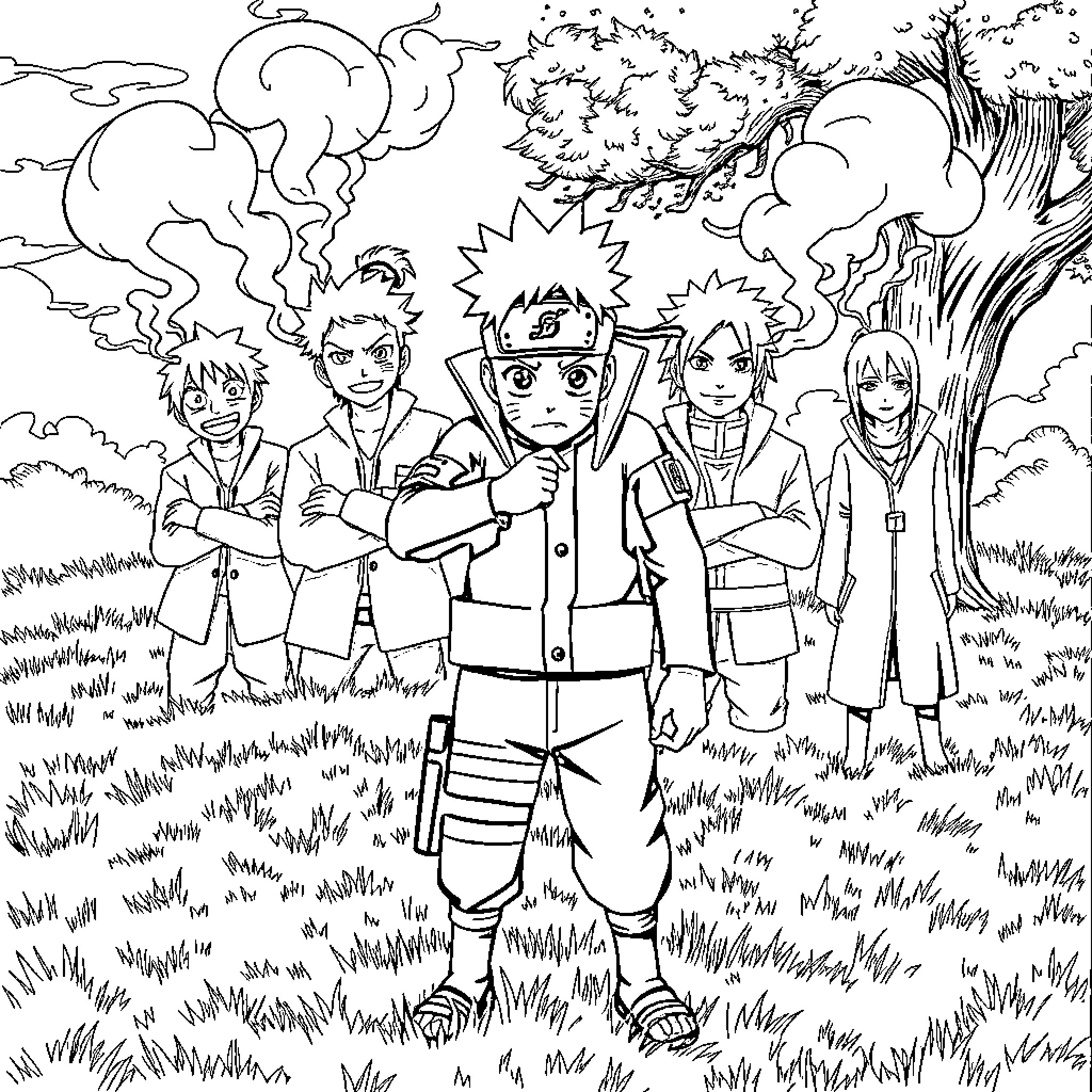 Naruto and Friends in Animated Adventure Coloring Page (free black-and-white line drawing printable PDF for all, from beginners to advanced learners, including children, teens, adults, and seniors)