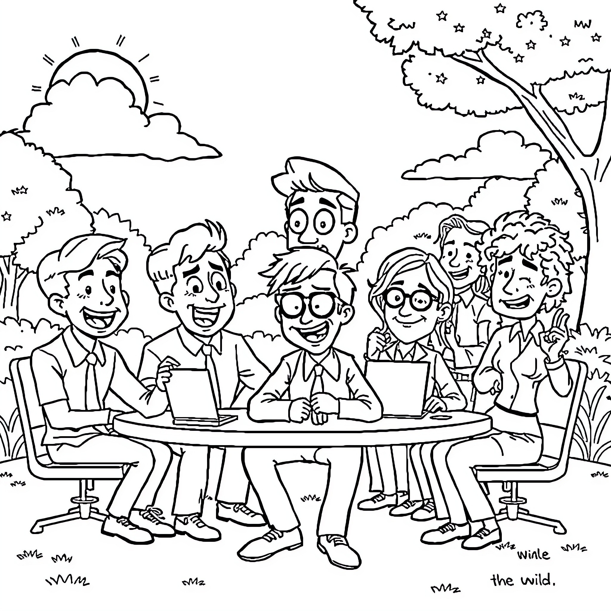 Sunny Cast Enjoying an Outdoor Meeting Coloring Page (free black-and-white line drawing printable PDF for all, from beginners to advanced learners, including children, teens, adults, and seniors)