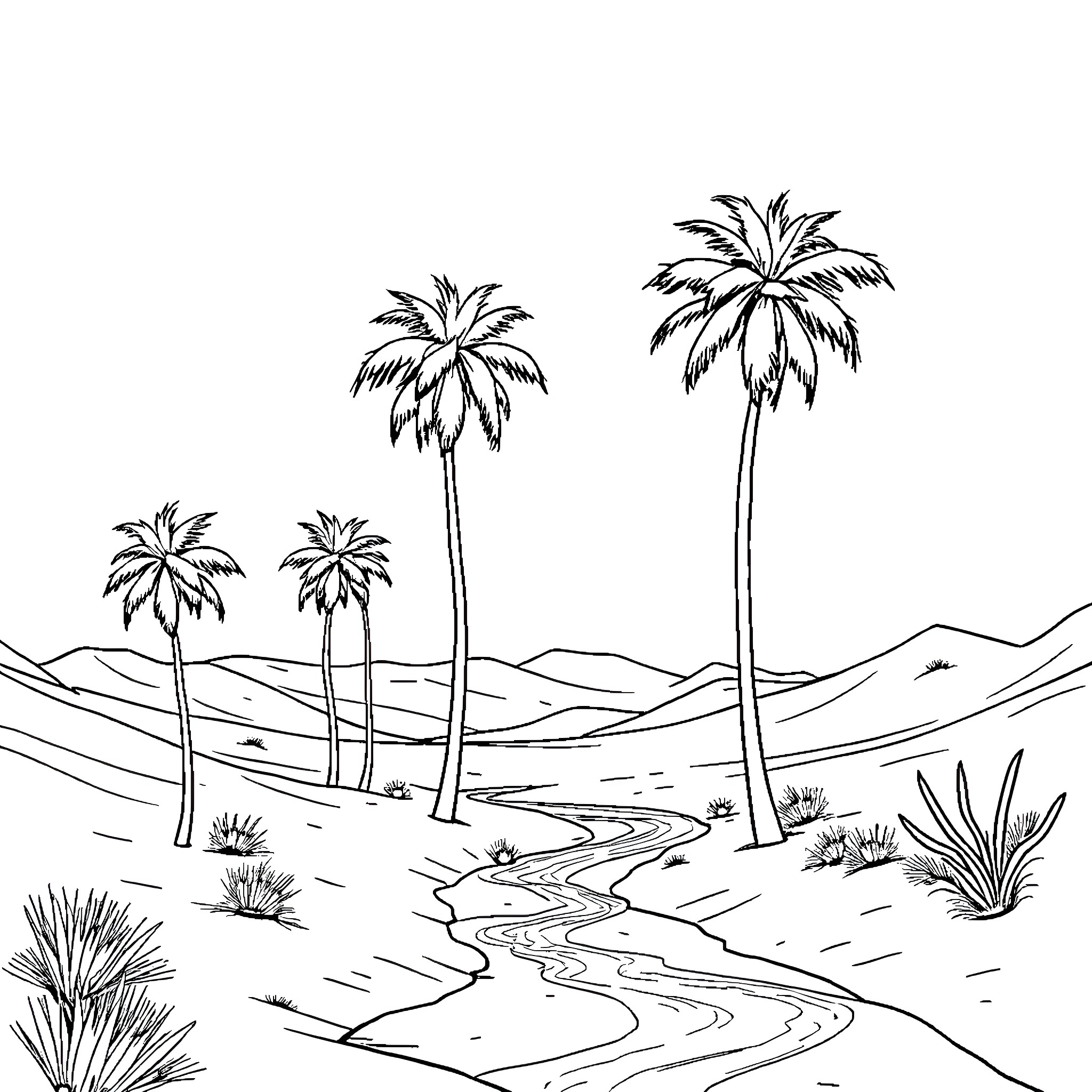 Palm Tree Oasis Landscape Coloring Page (free black-and-white line drawing printable PDF for all, from beginners to advanced learners, including children, teens, adults, and seniors)