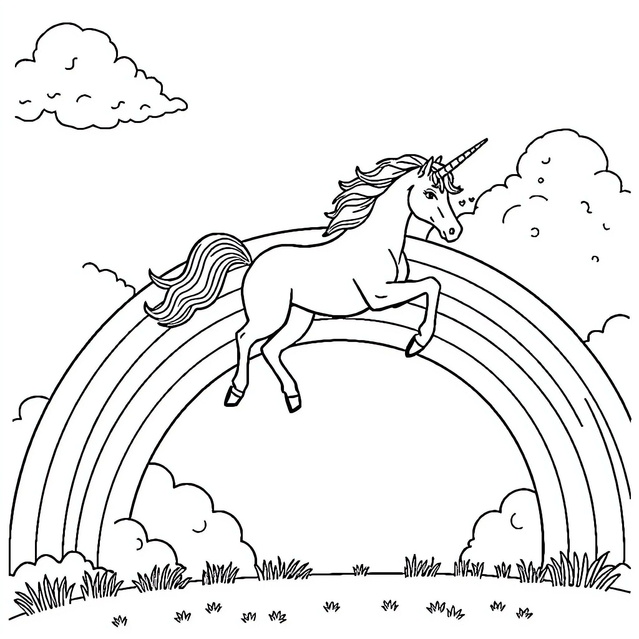 Unicorn galloping across a rainbow Coloring Page (free black-and-white line drawing printable PDF for all, from beginners to advanced learners, including children, teens, adults, and seniors)