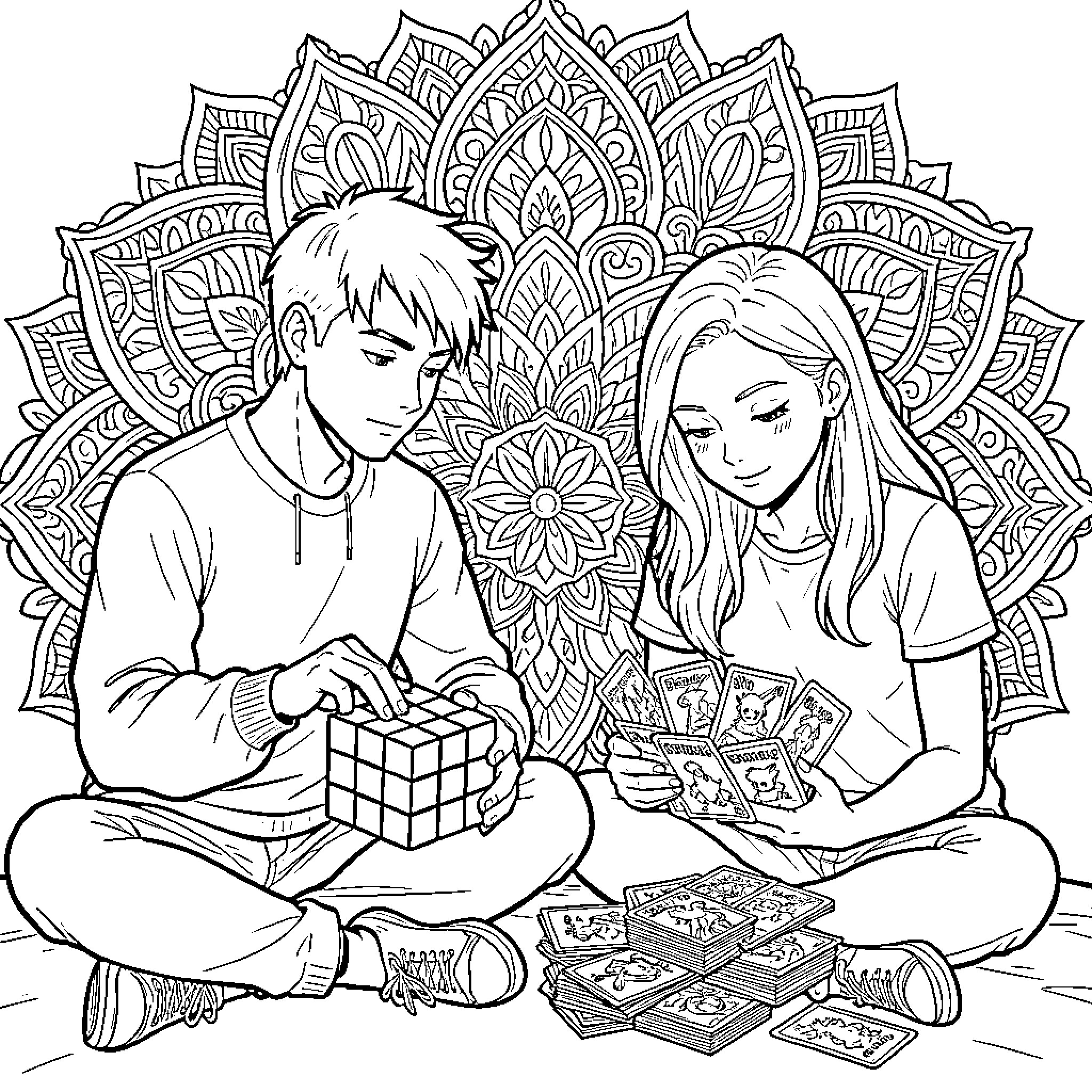 Mandala of a couple playing with puzzles Coloring Page (free black-and-white line drawing printable PDF for all, from beginners to advanced learners, including children, teens, adults, and seniors)