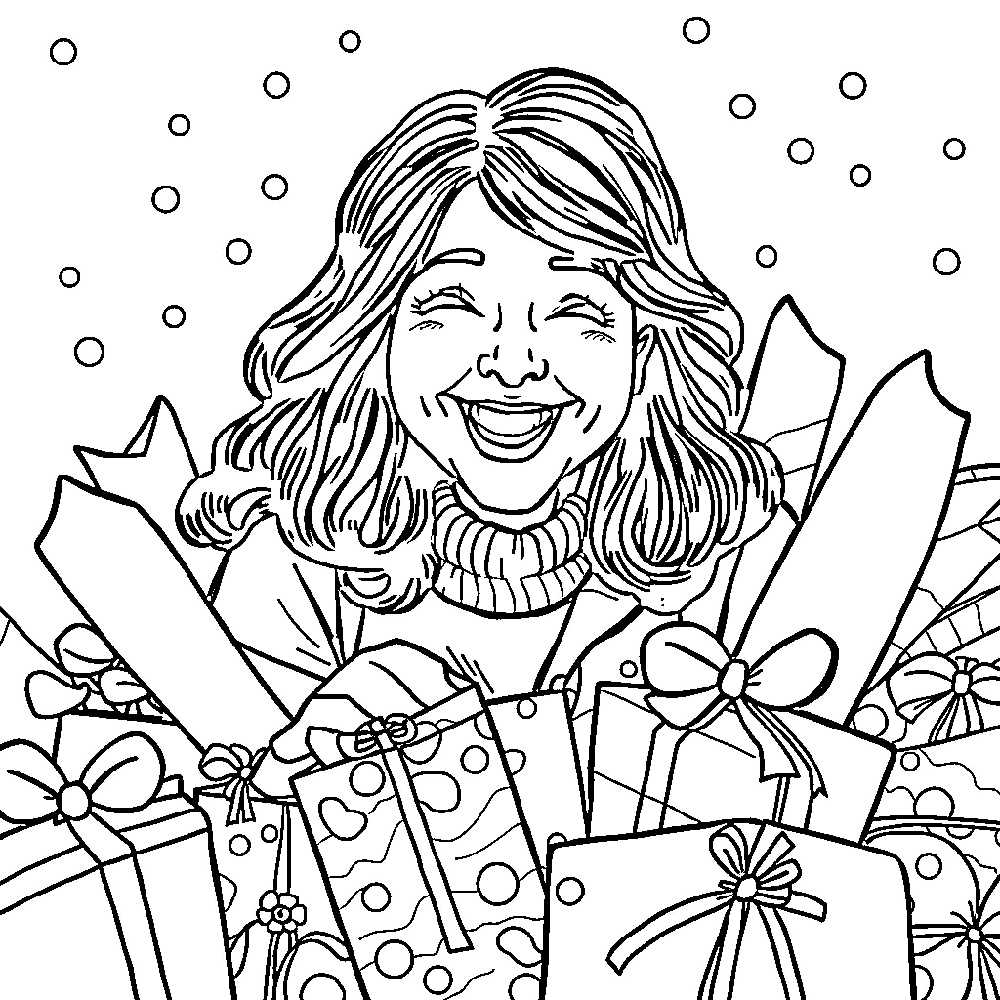 Mum joyfully celebrating with gifts and flowers Coloring Page (free black-and-white line drawing printable PDF for all, from beginners to advanced learners, including children, teens, adults, and seniors)