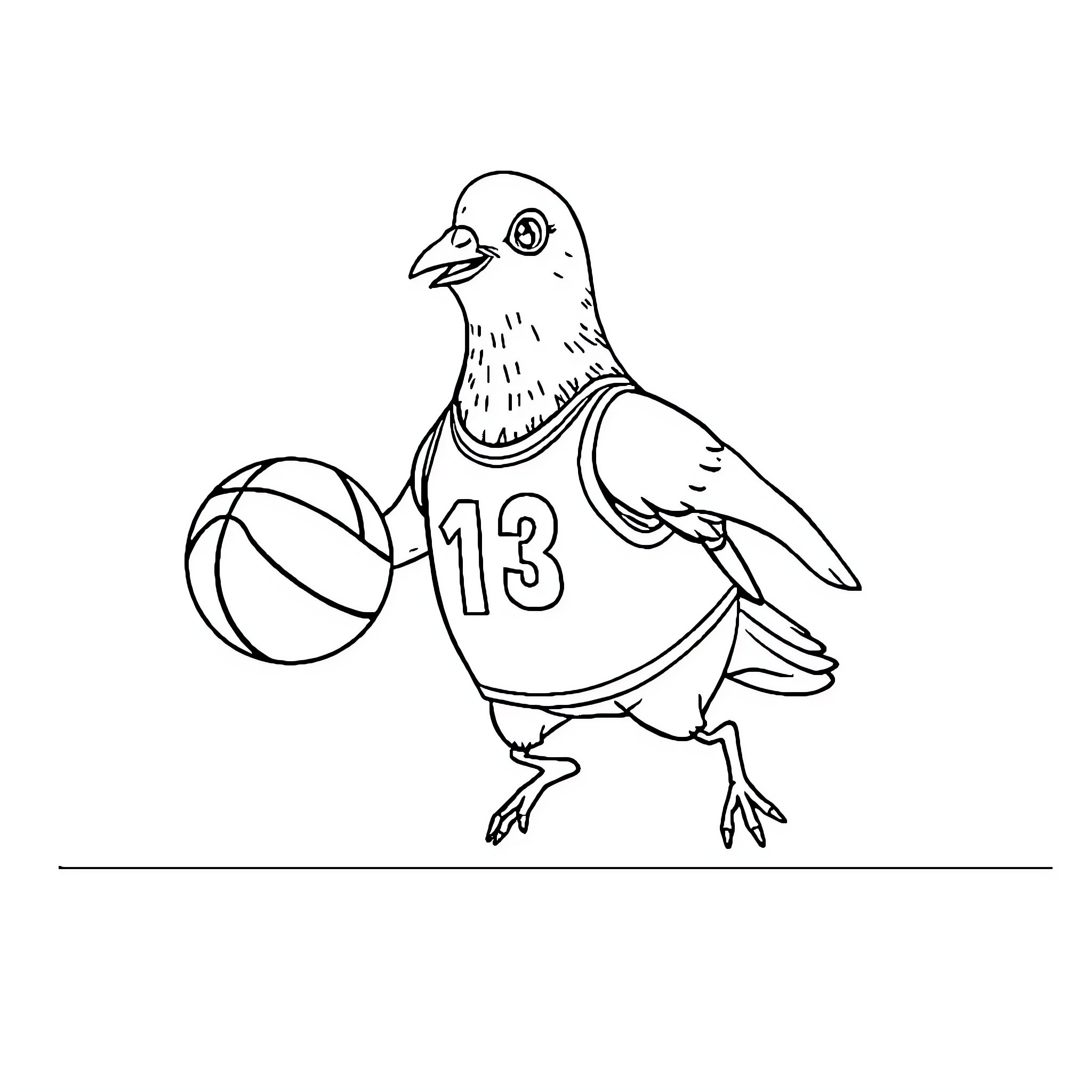 Pigeon playing basketball in jersey Coloring Page (free black-and-white line drawing printable PDF for all, from beginners to advanced learners, including children, teens, adults, and seniors)