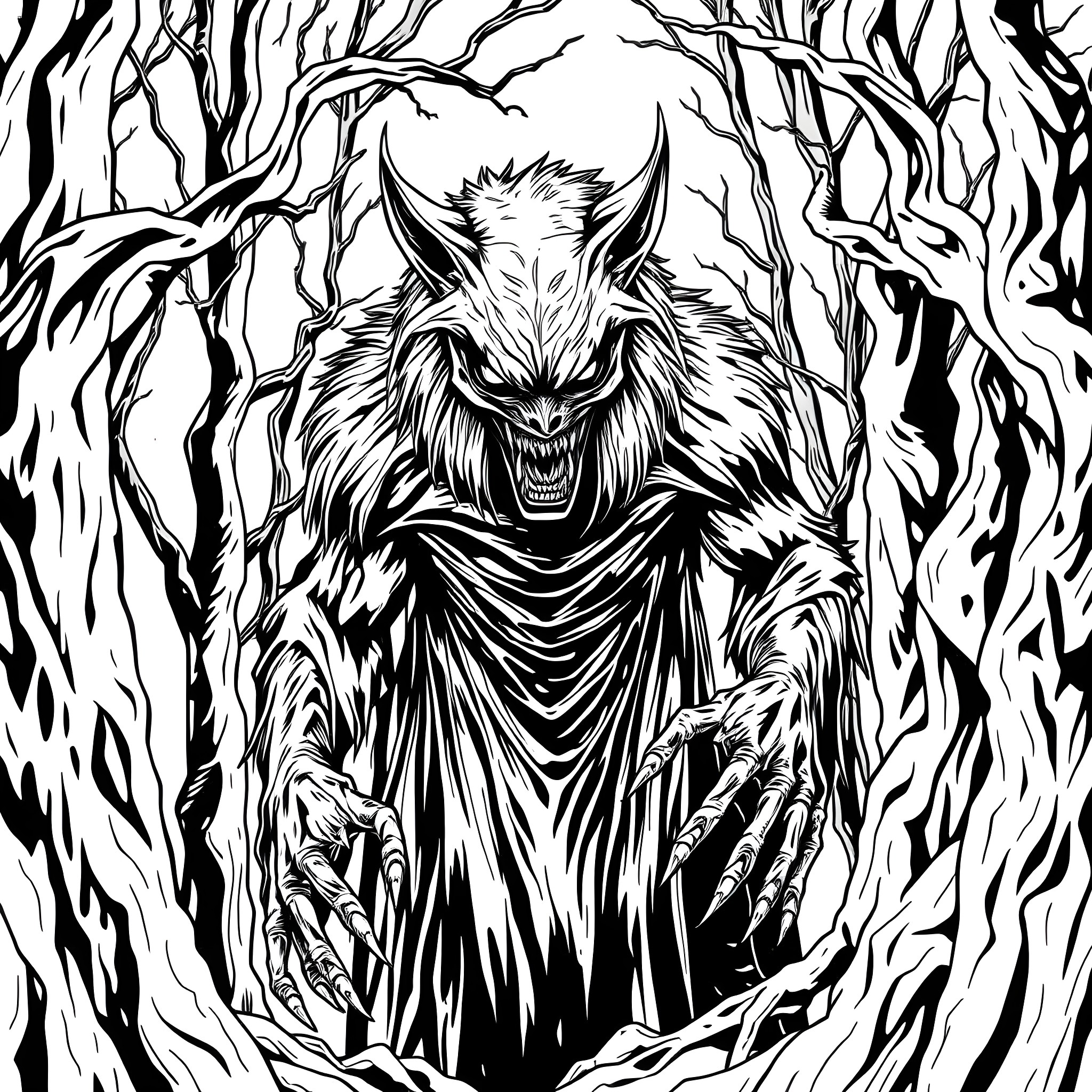 Horror Movie Character Emerging from Eerie Forest Coloring Page (free black-and-white line drawing printable PDF for all, from beginners to advanced learners, including children, teens, adults, and seniors)