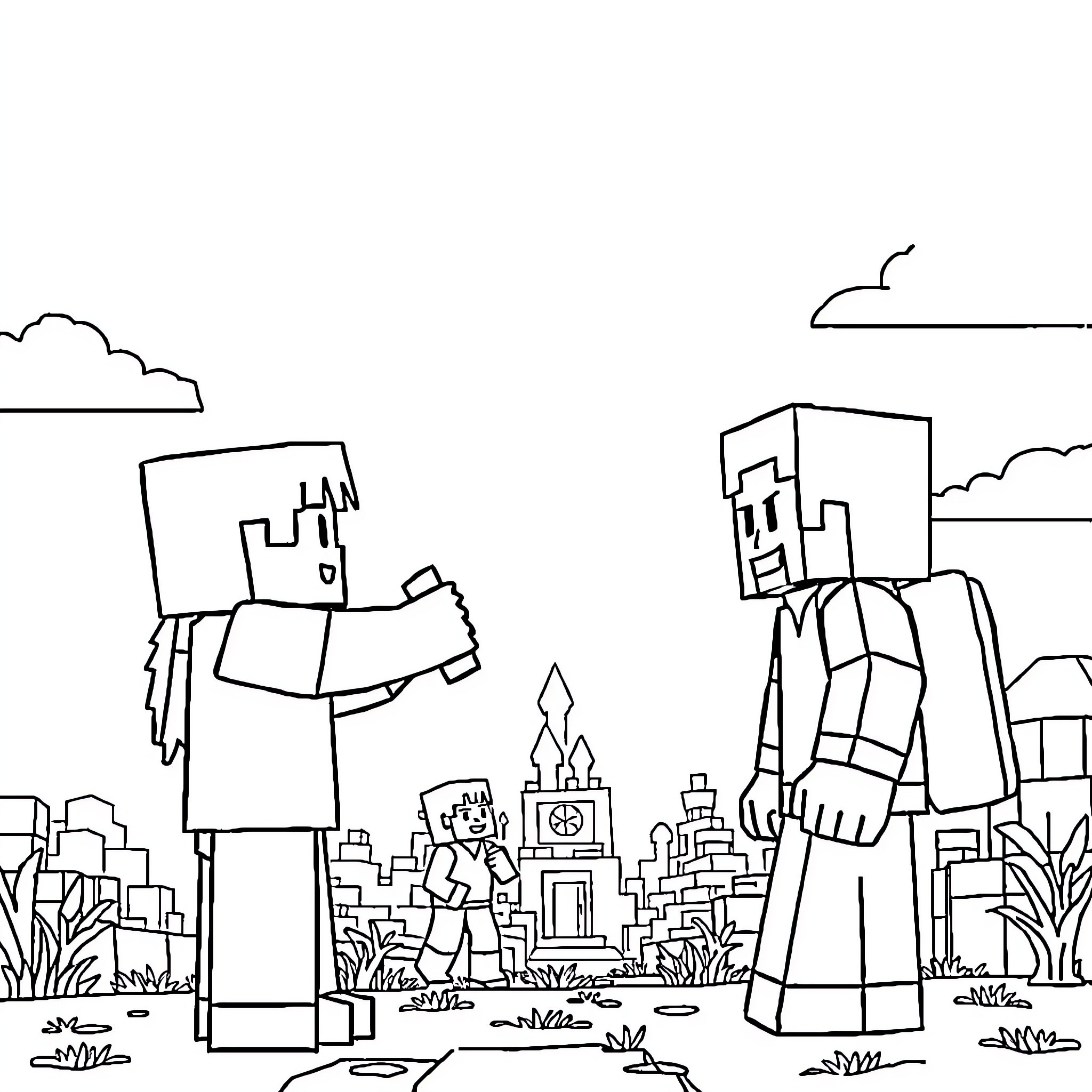 Minecraft characters exploring the city landscape Coloring Page (free black-and-white line drawing printable PDF for all, from beginners to advanced learners, including children, teens, adults, and seniors)
