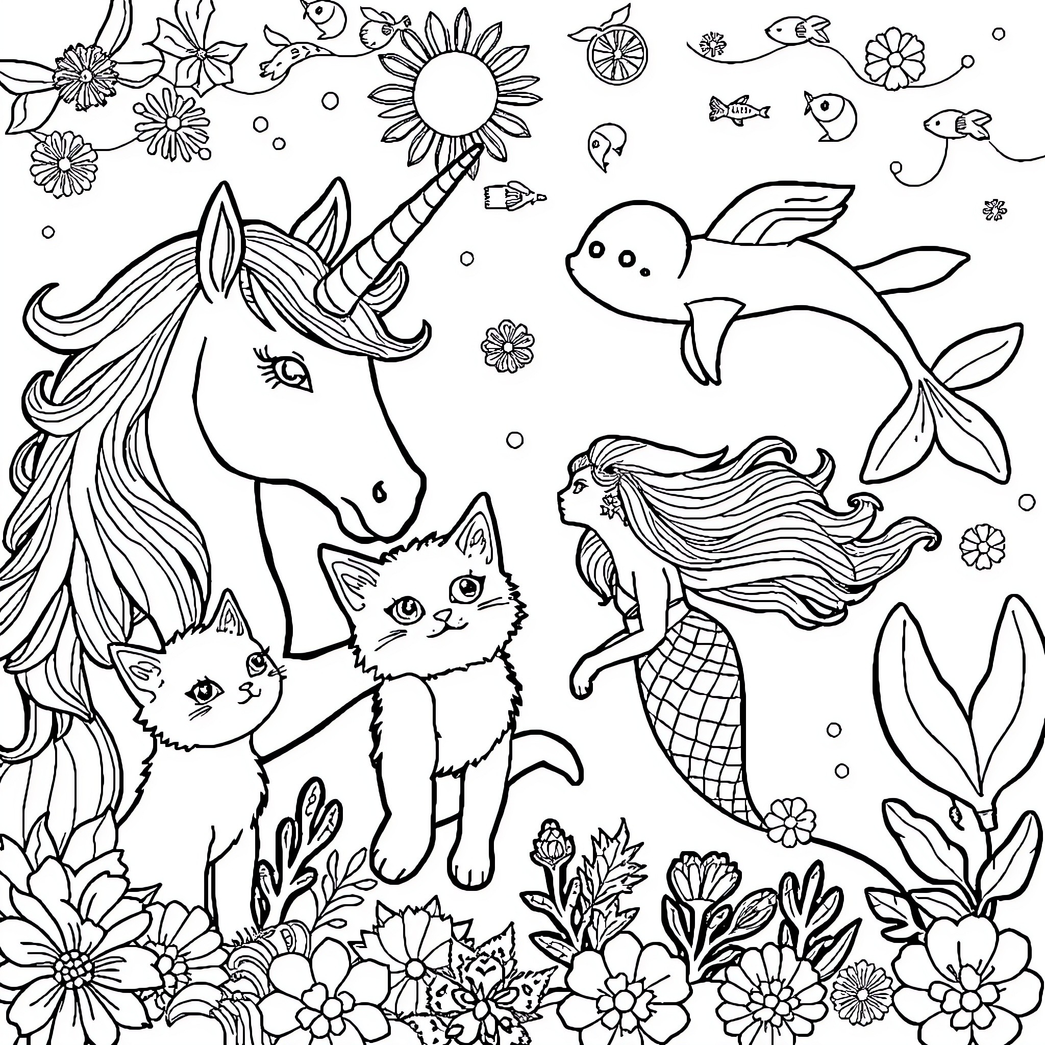 Unicorn, mermaid, and cats in magical underwater garden Coloring Page (free black-and-white line drawing printable PDF for all, from beginners to advanced learners, including children, teens, adults, and seniors)