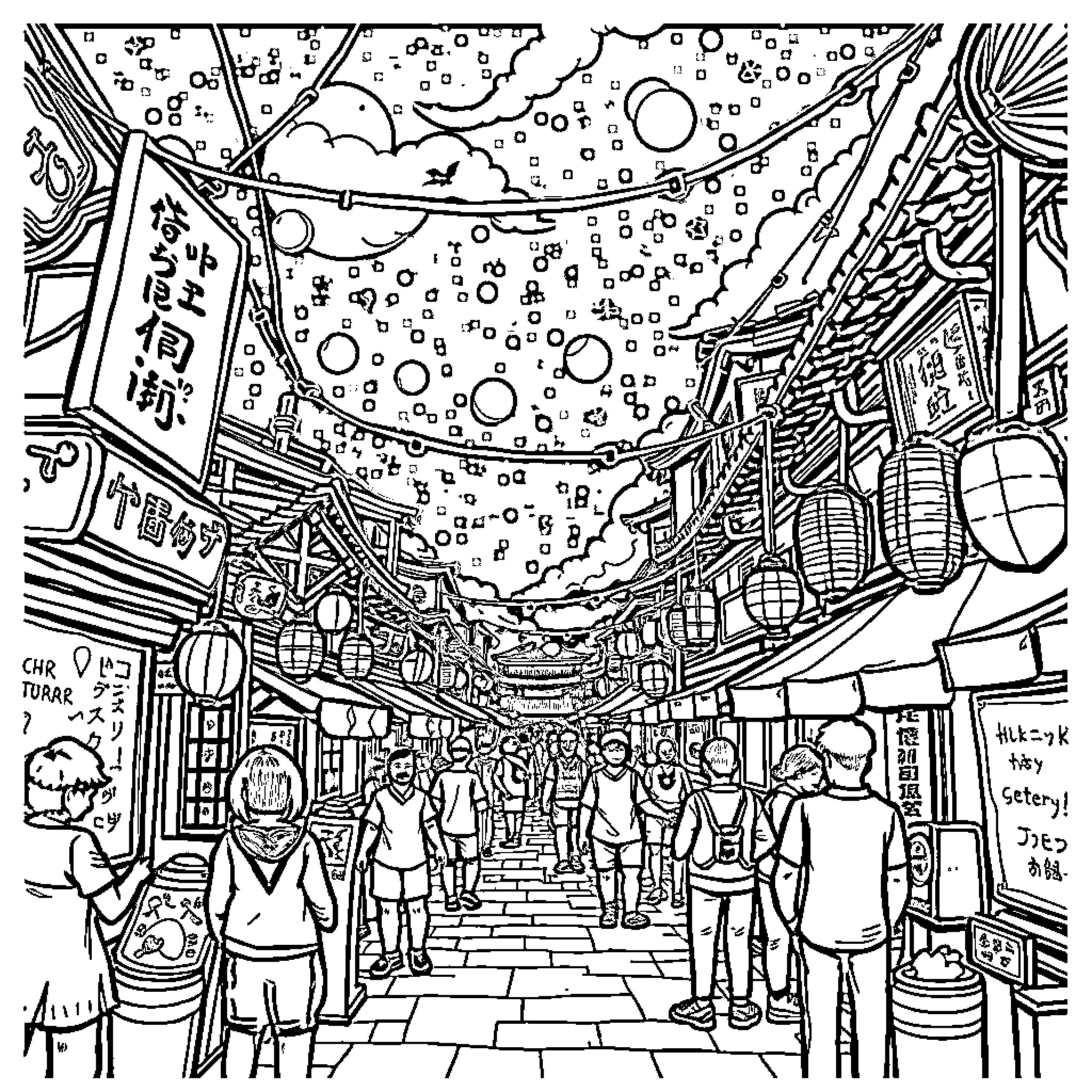 Jeyuco Bustling Night Market in the City Coloring Page (free black-and-white line drawing printable PDF for all, from beginners to advanced learners, including children, teens, adults, and seniors)
