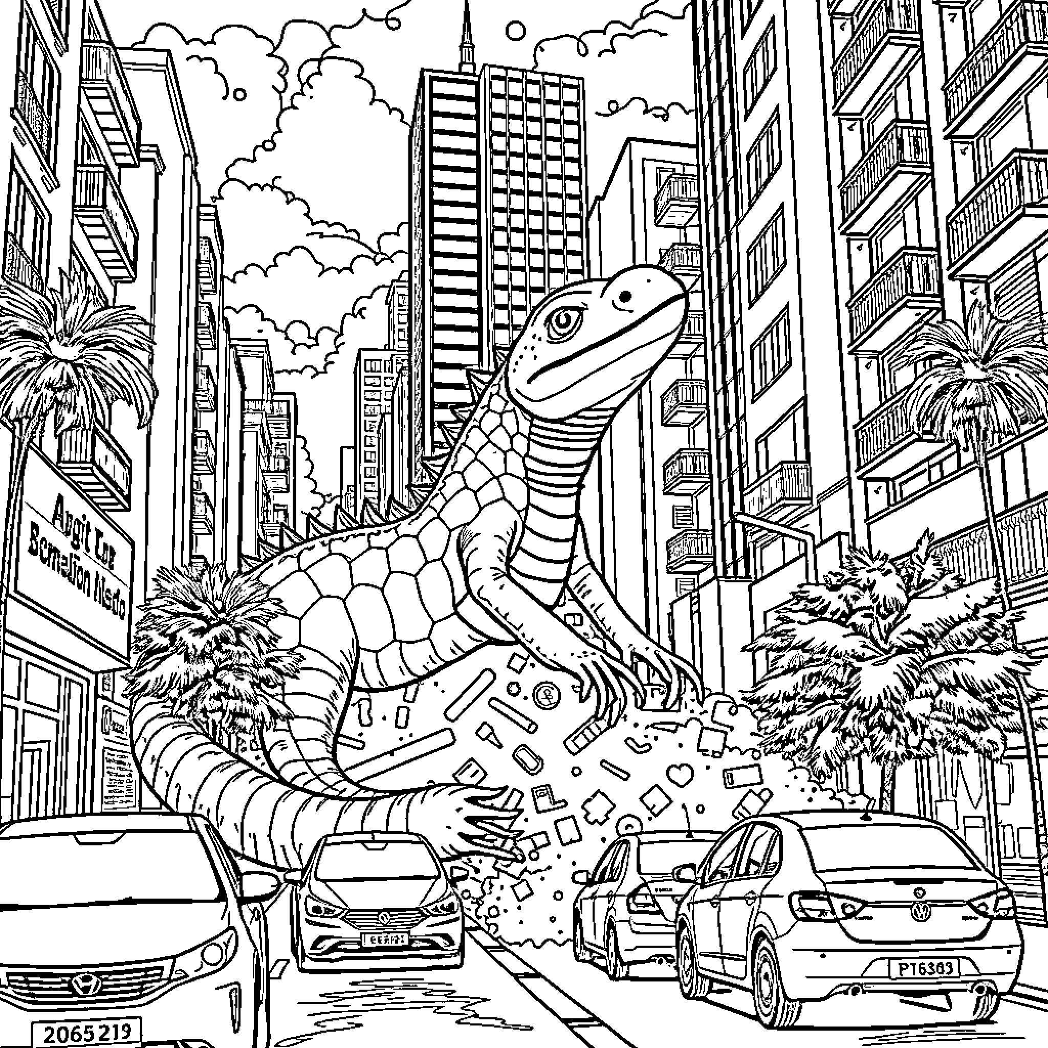Sapo, the city-dwelling reptile Coloring Page (free black-and-white line drawing printable PDF for all, from beginners to advanced learners, including children, teens, adults, and seniors)